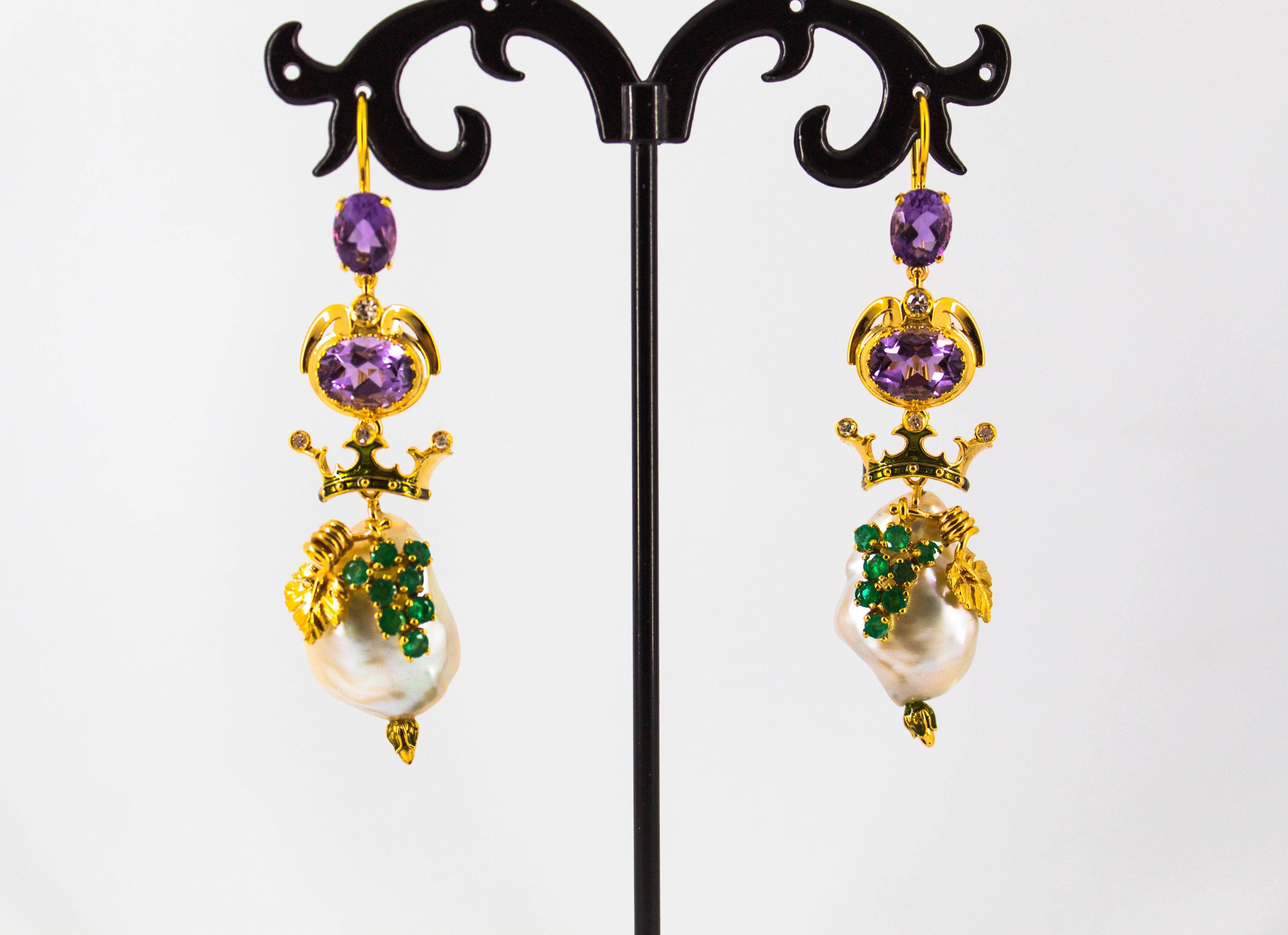 da uomo o donna Orecchini a goccia in stile Art Nouveau con smeraldo, ametista, perla e diamante bianco in oro giallo in vendita