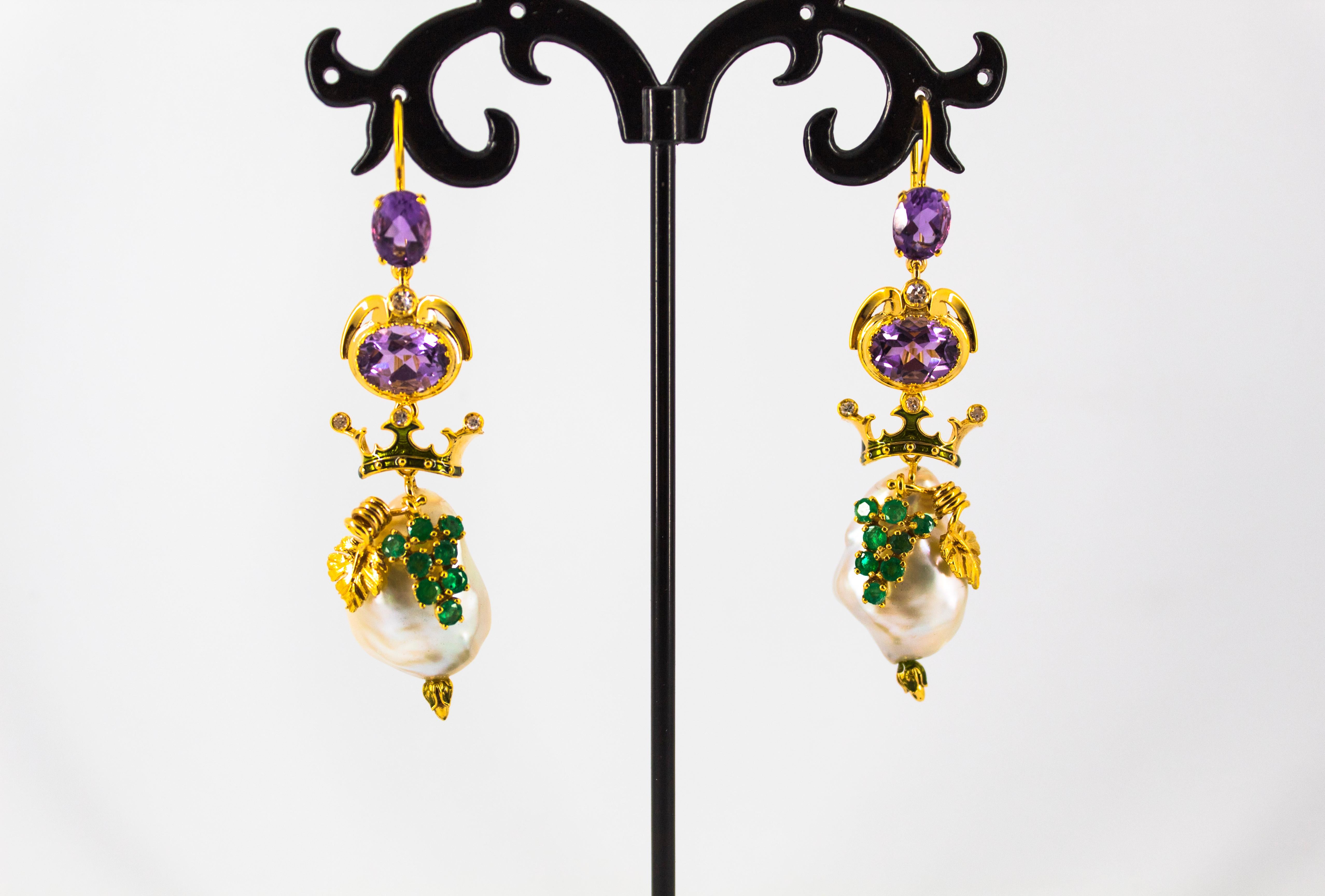 Brilliant Cut Art Nouveau Style Emerald Amethyst Pearl White Diamond Yellow Gold Drop Earrings For Sale