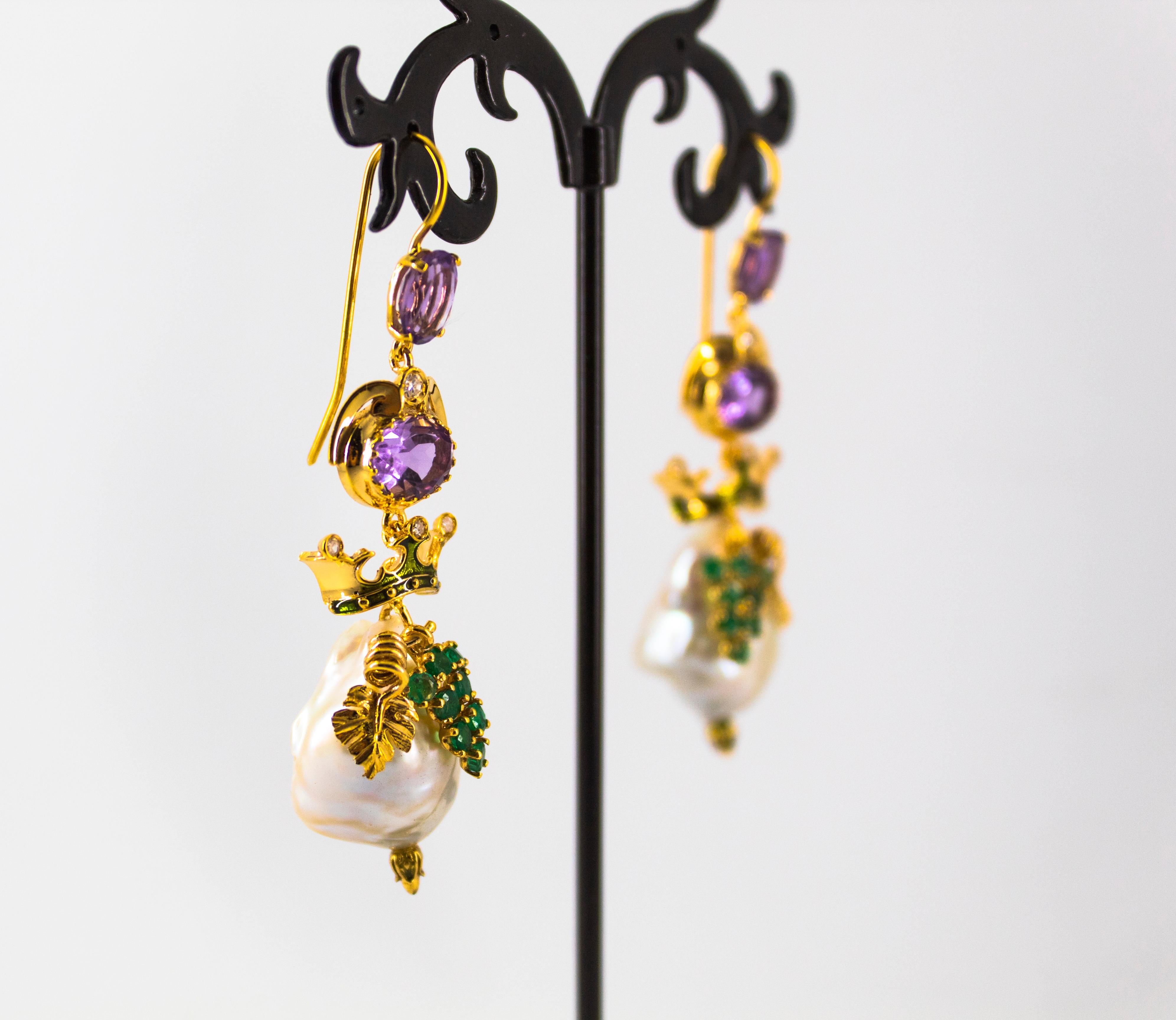 Art Nouveau Style Emerald Amethyst Pearl White Diamond Yellow Gold Drop Earrings In New Condition For Sale In Naples, IT