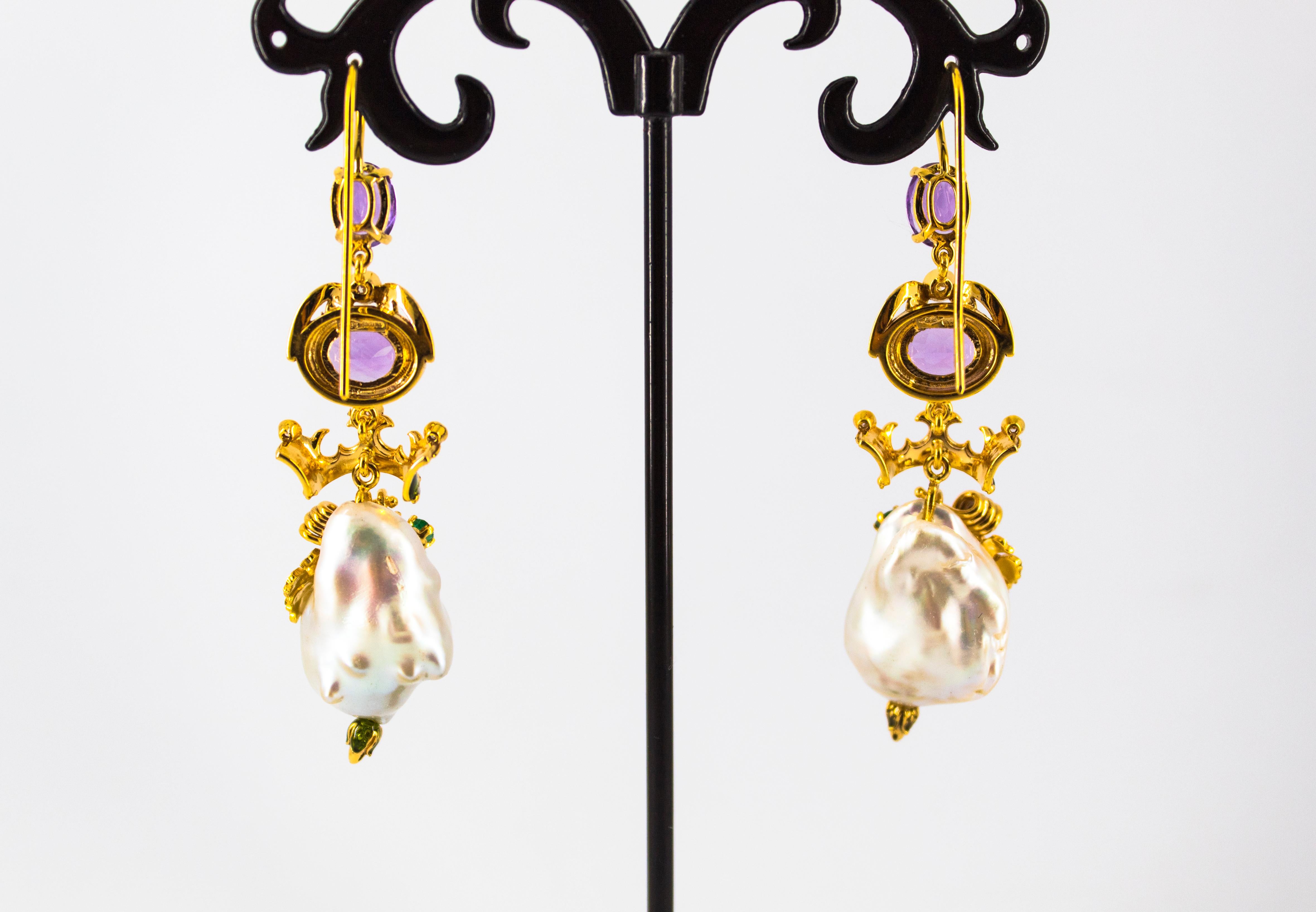 Women's or Men's Art Nouveau Style Emerald Amethyst Pearl White Diamond Yellow Gold Drop Earrings For Sale