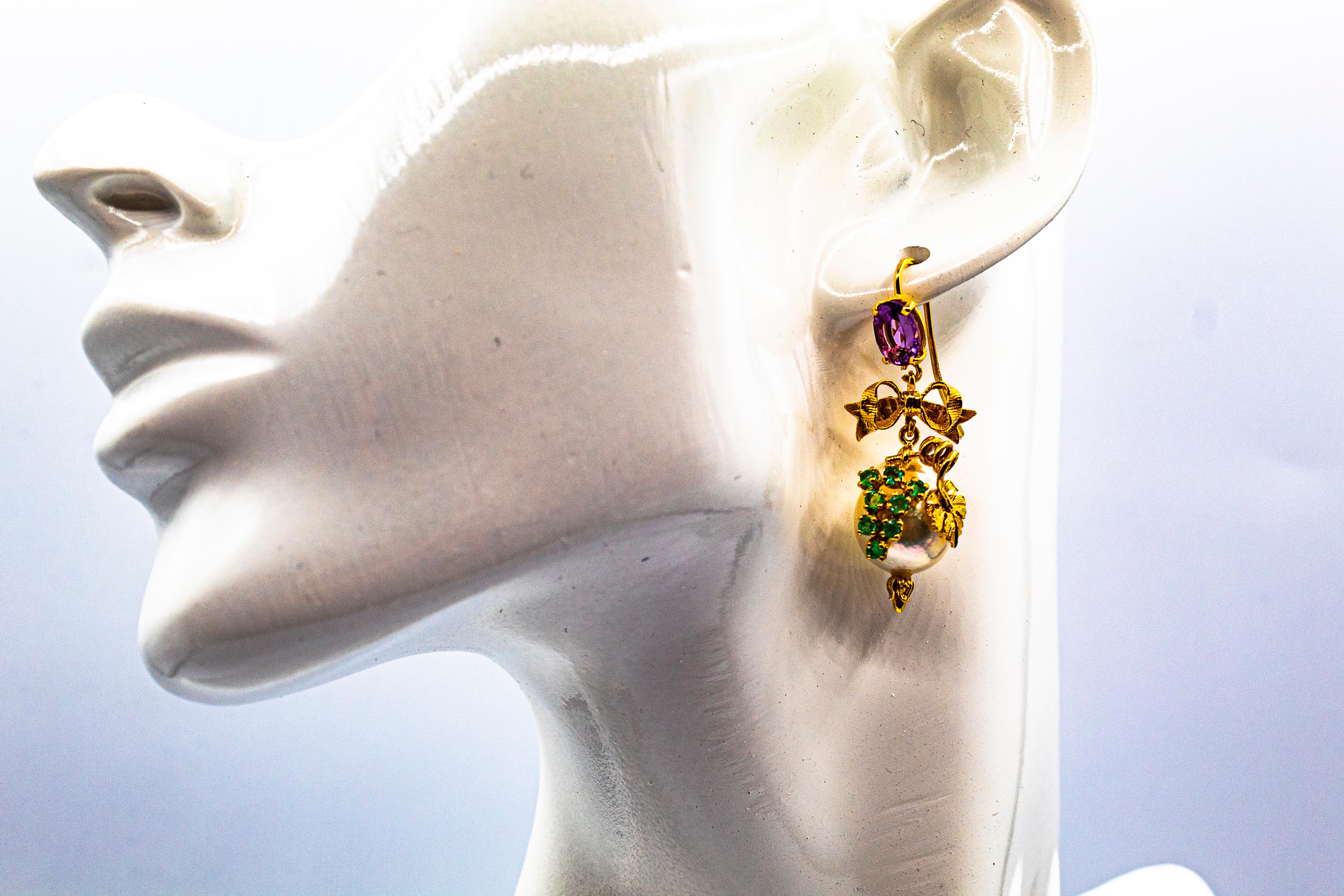 Art Nouveau Style Emerald Amethyst Pearl Yellow Gold Stud Drop Earrings For Sale 5