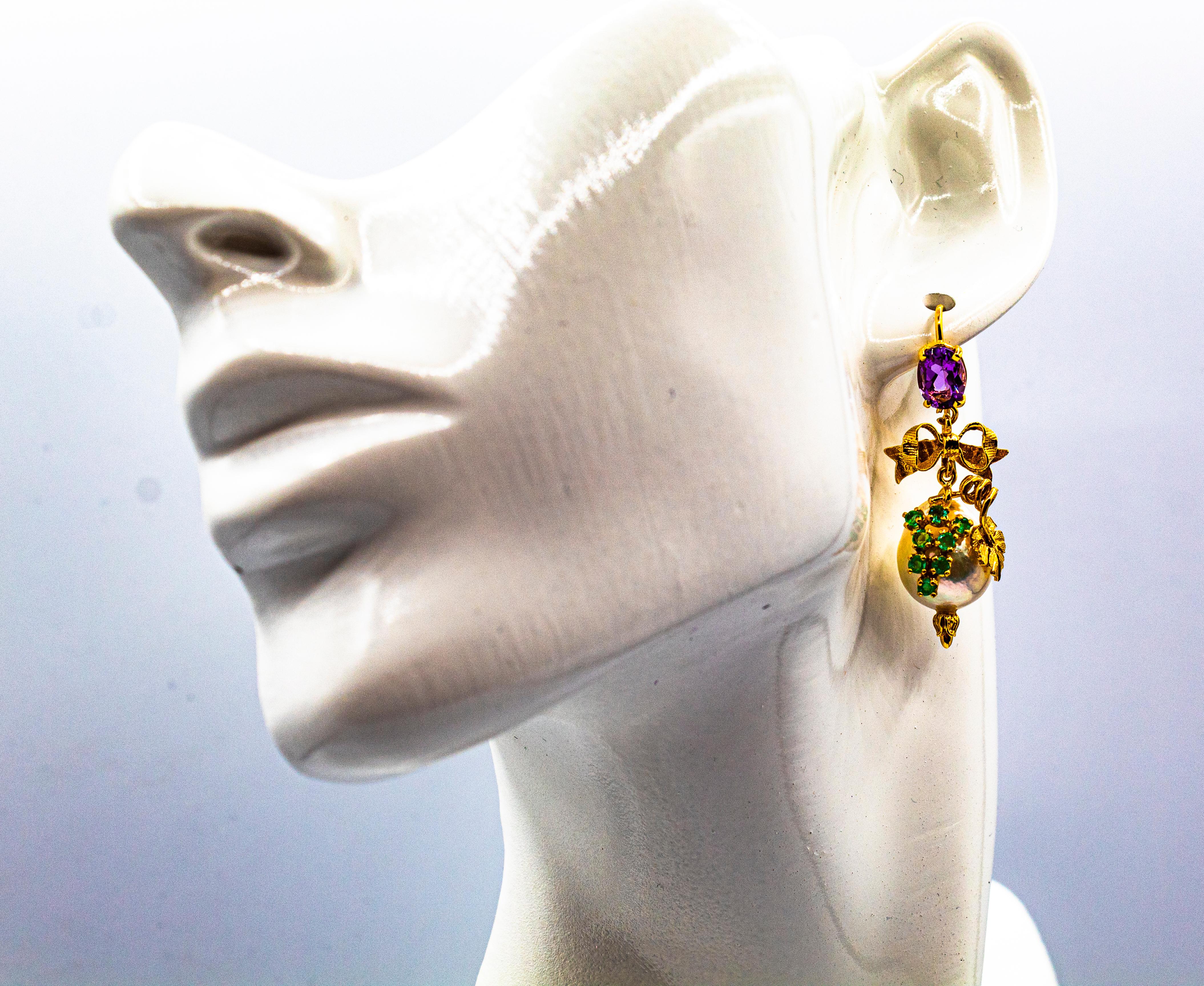 Art Nouveau Style Emerald Amethyst Pearl Yellow Gold Stud Drop Earrings For Sale 6