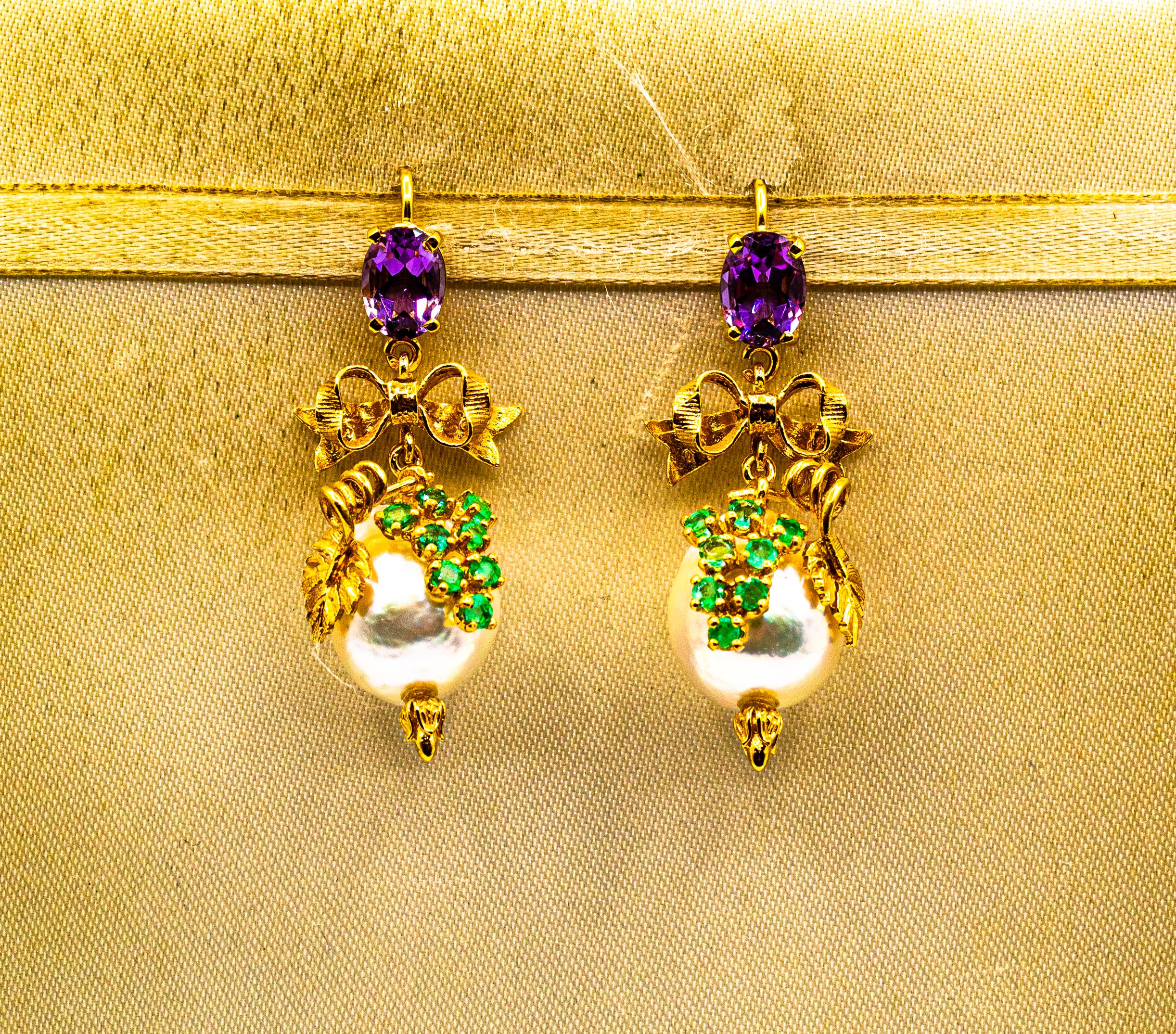 Mixed Cut Art Nouveau Style Emerald Amethyst Pearl Yellow Gold Stud Drop Earrings