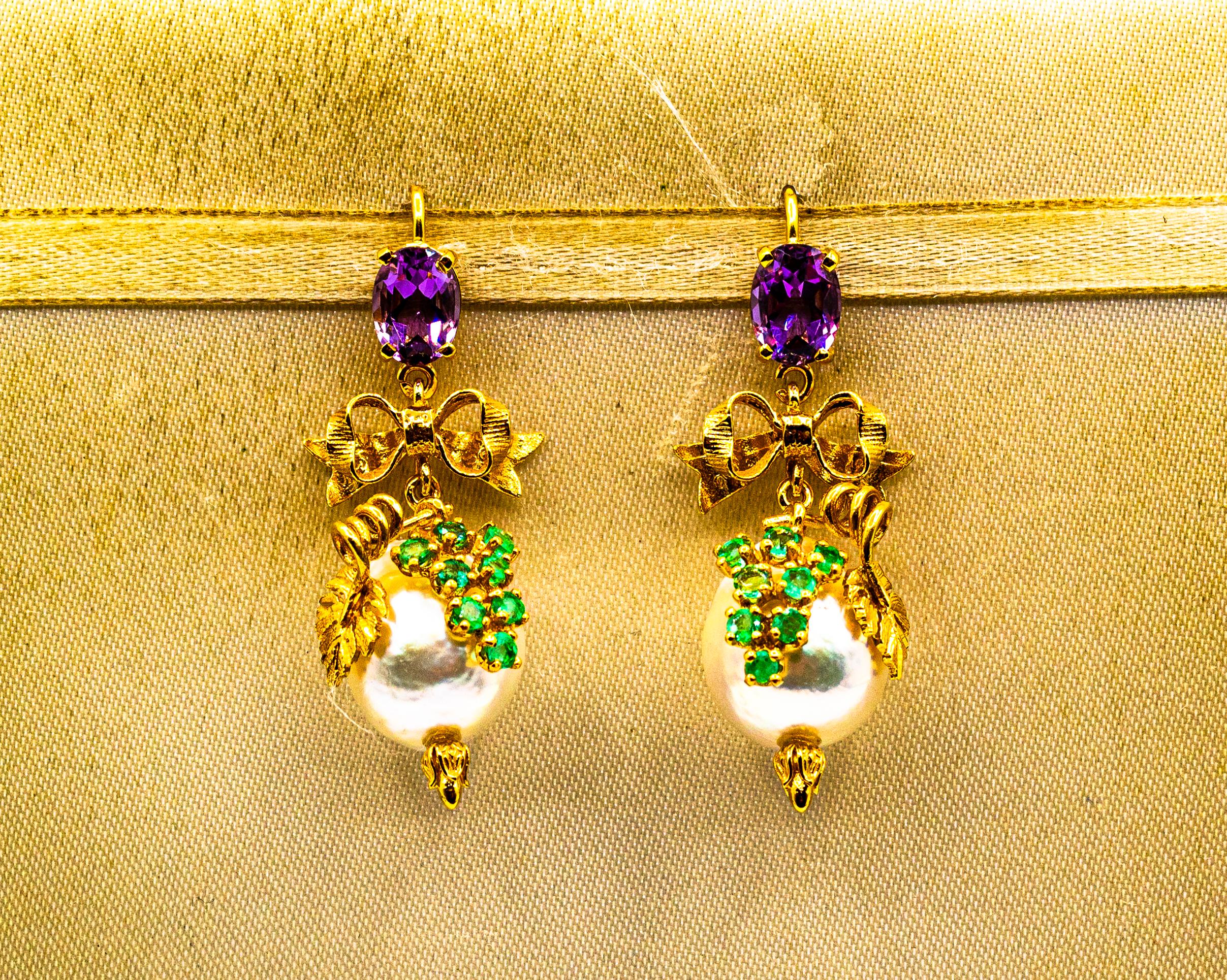 Art Nouveau Style Emerald Amethyst Pearl Yellow Gold Stud Drop Earrings In New Condition In Naples, IT