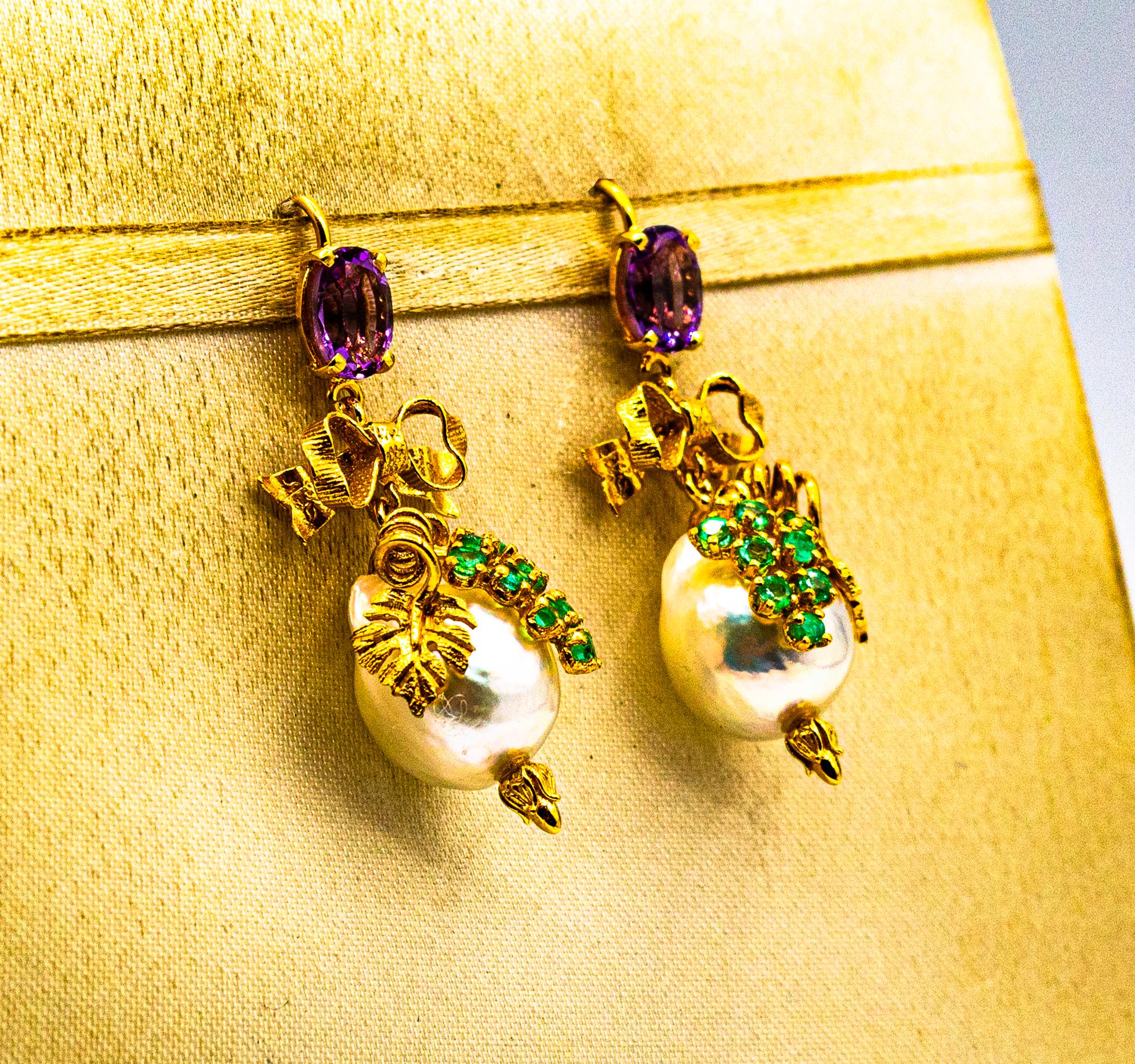 Women's or Men's Art Nouveau Style Emerald Amethyst Pearl Yellow Gold Stud Drop Earrings