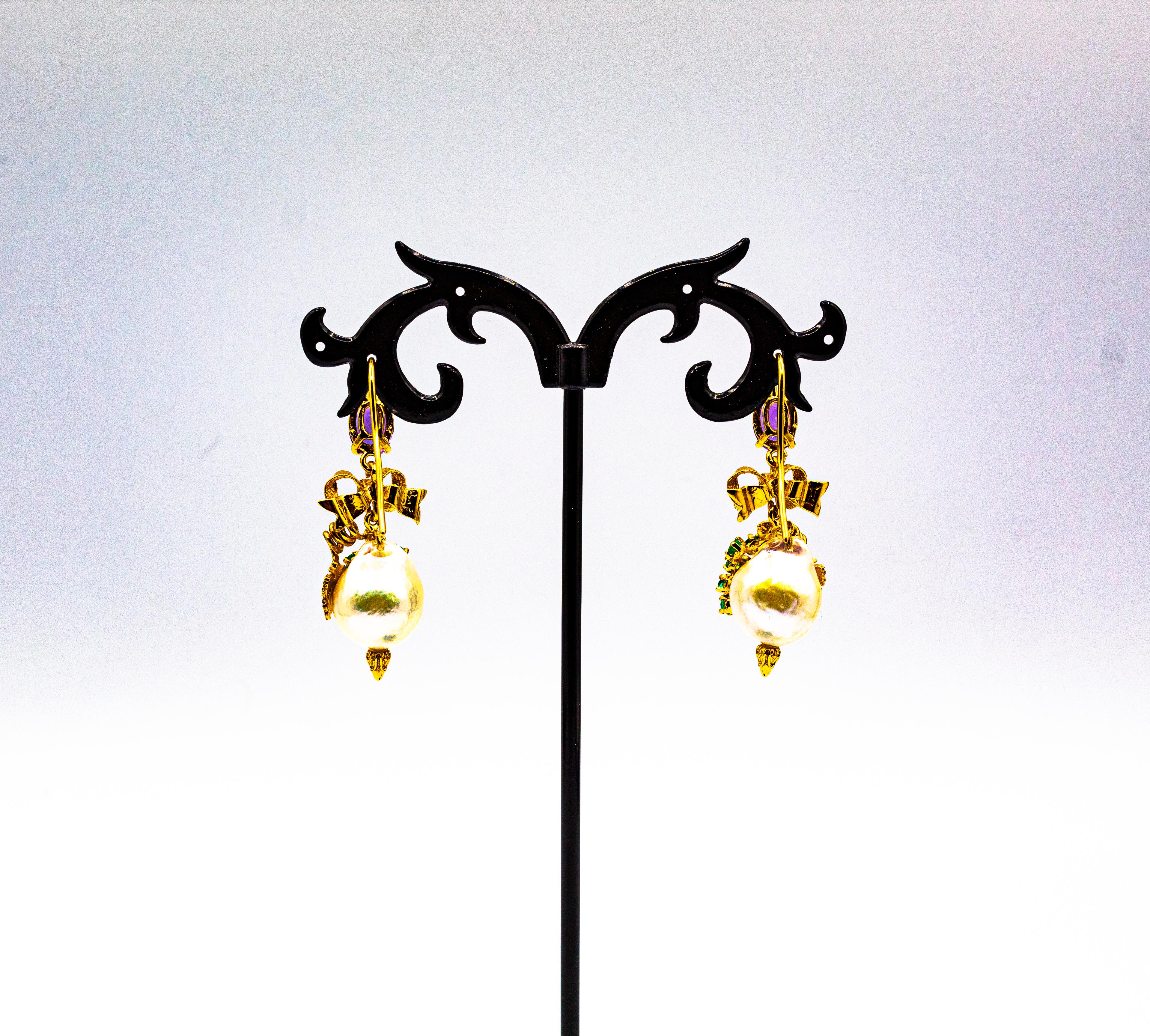 Art Nouveau Style Emerald Amethyst Pearl Yellow Gold Stud Drop Earrings For Sale 3