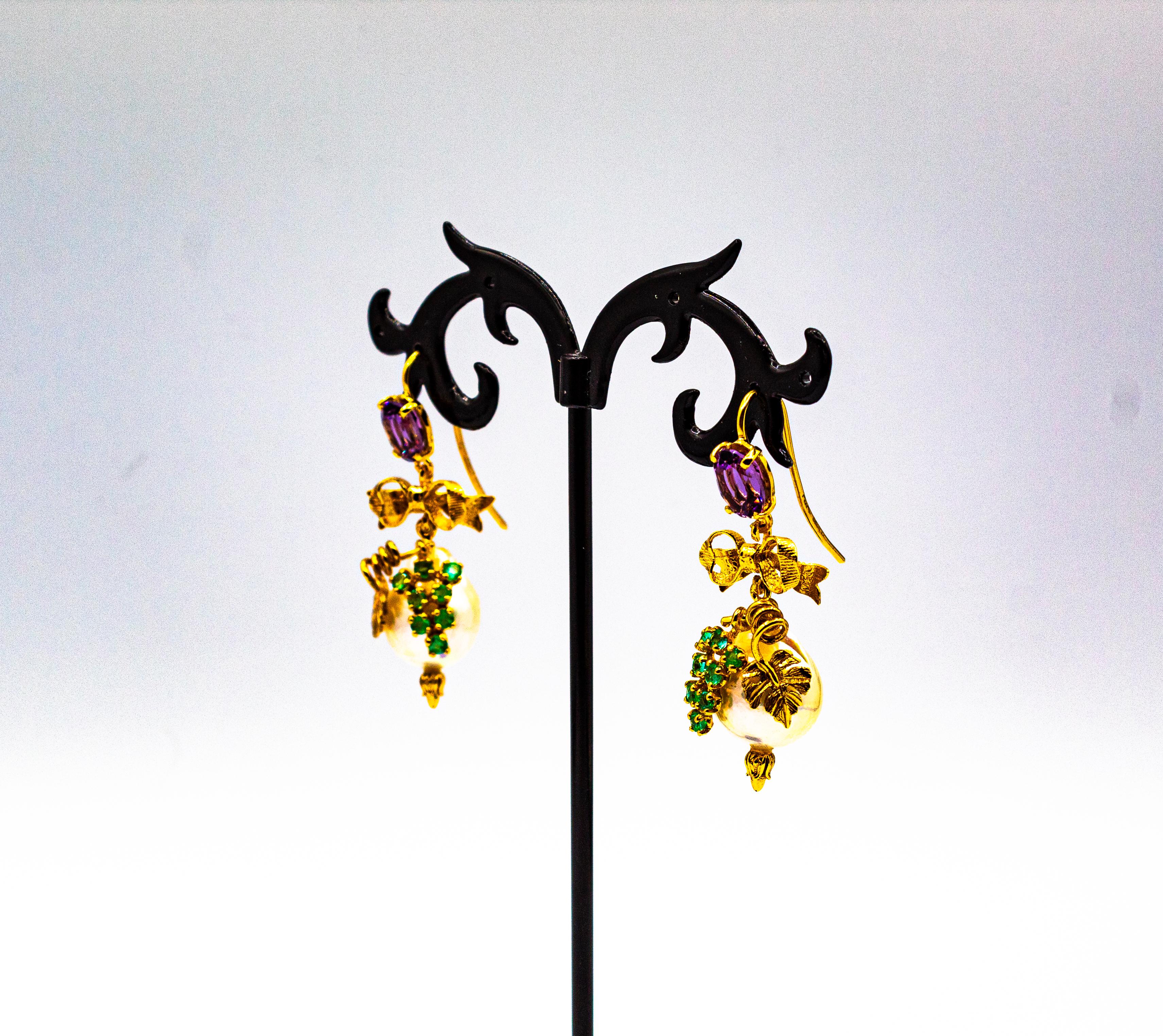 Art Nouveau Style Emerald Amethyst Pearl Yellow Gold Stud Drop Earrings For Sale 4
