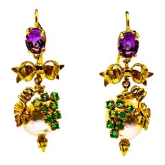 Retro Art Nouveau Style Emerald Amethyst Pearl Yellow Gold Stud Drop Earrings