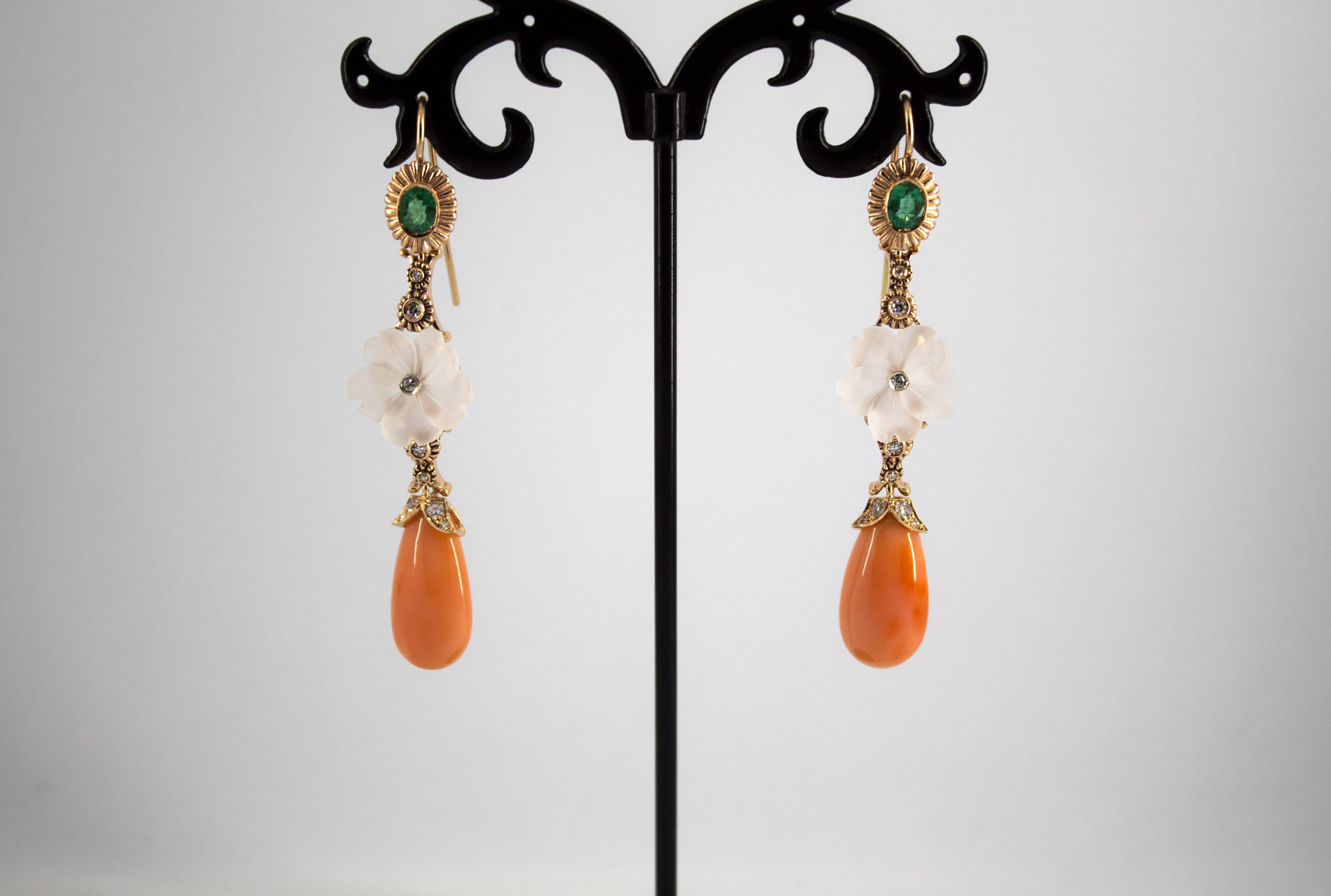 Art Nouveau Style Emerald Coral Rock Crystal White Diamond Yellow Gold Earrings For Sale 5
