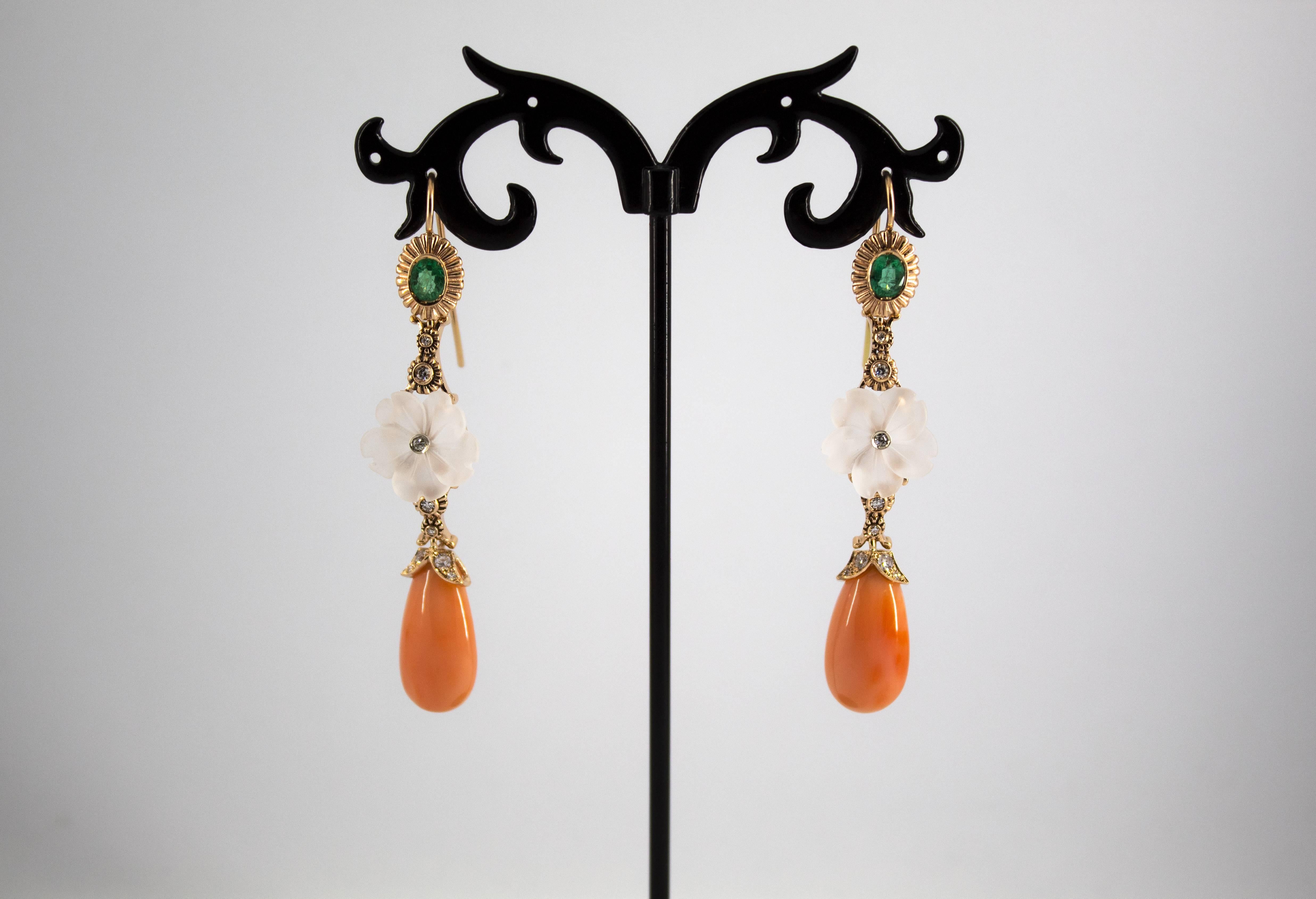 Art Nouveau Style Emerald Coral Rock Crystal White Diamond Yellow Gold Earrings For Sale 6