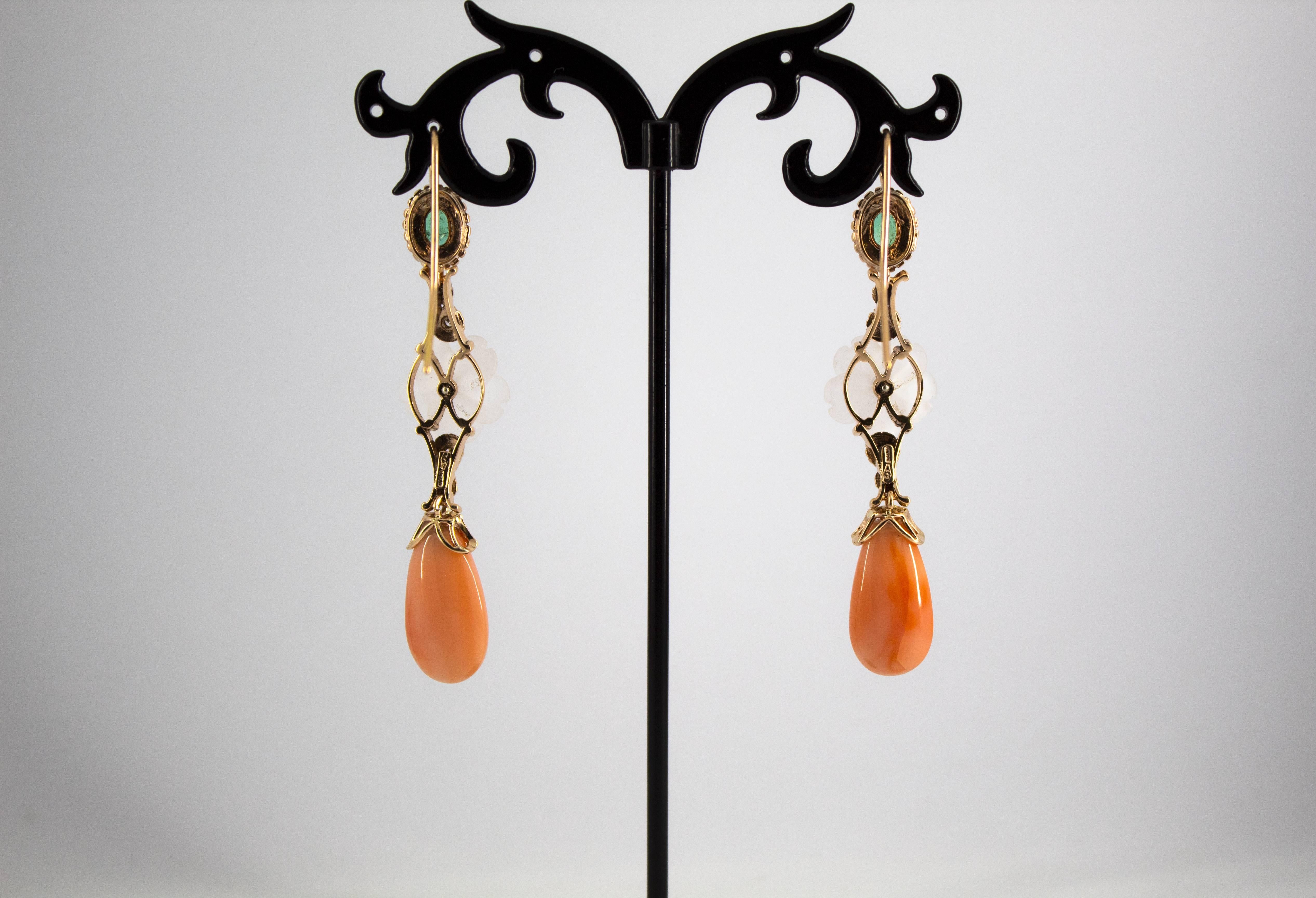 Art Nouveau Style Emerald Coral Rock Crystal White Diamond Yellow Gold Earrings For Sale 8