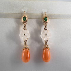 Art Nouveau Style Emerald Coral Rock Crystal White Diamond Yellow Gold Earrings