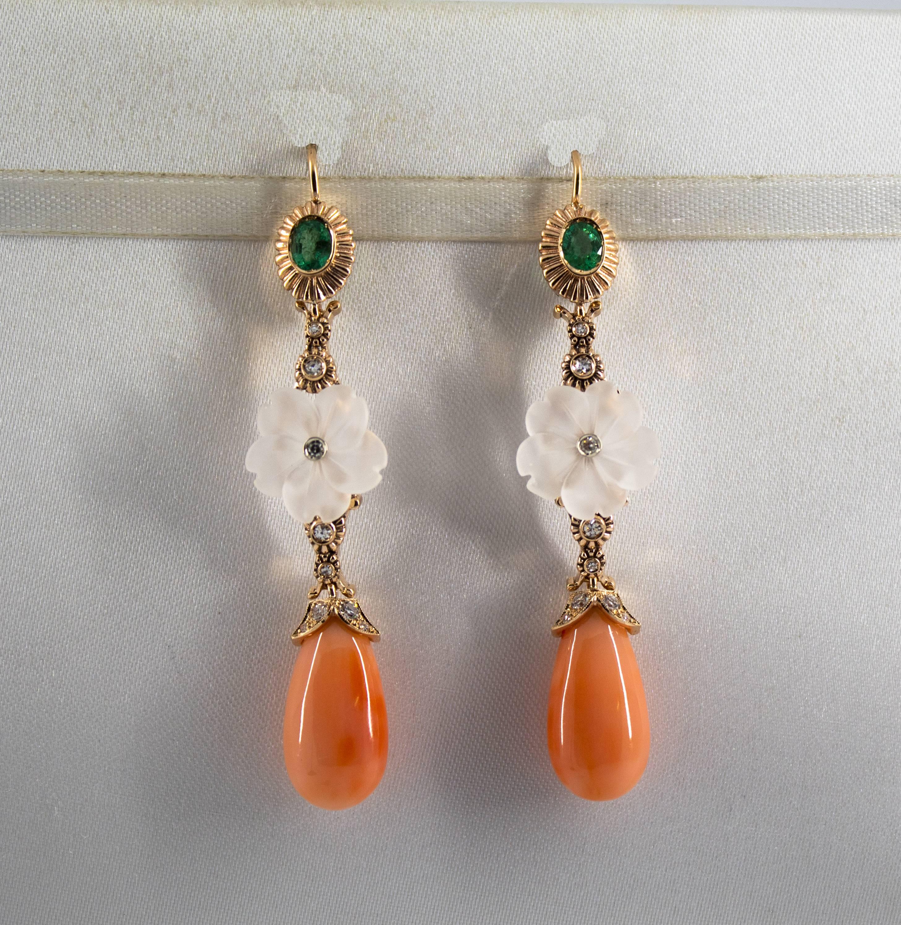 Brilliant Cut Art Nouveau Style Emerald Coral Rock Crystal White Diamond Yellow Gold Earrings For Sale