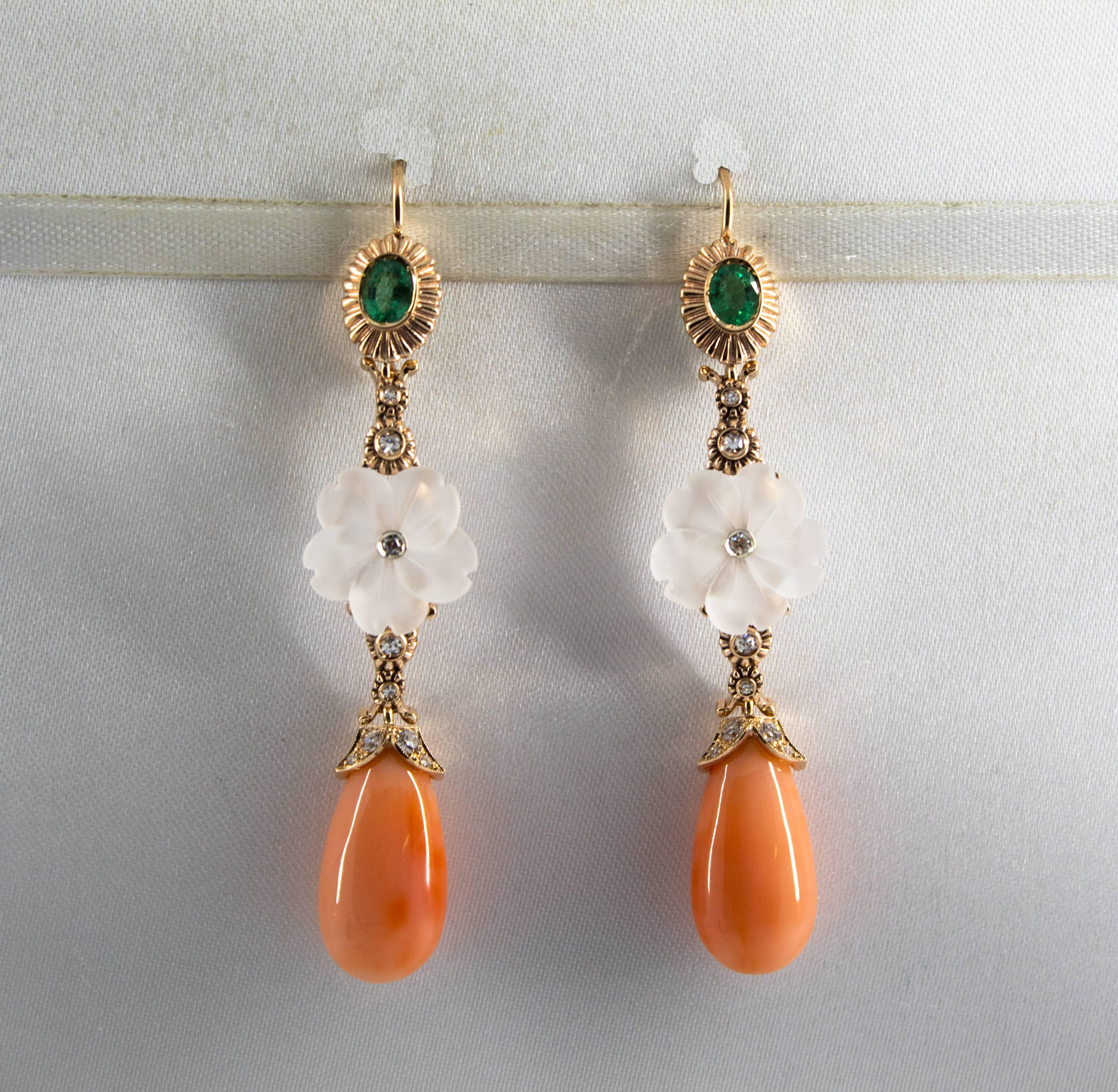 Art Nouveau Style Emerald Coral Rock Crystal White Diamond Yellow Gold Earrings In New Condition For Sale In Naples, IT