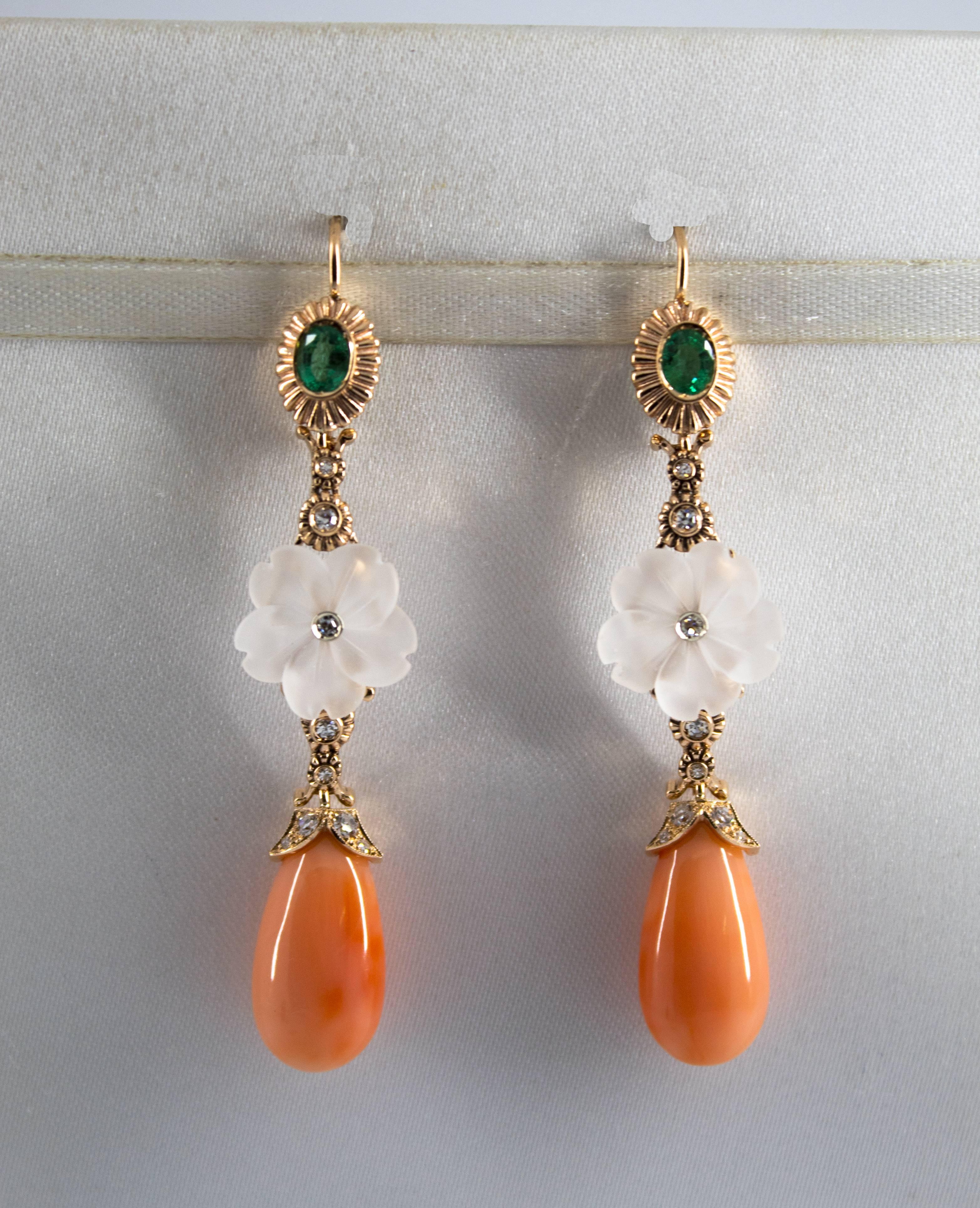 Women's or Men's Art Nouveau Style Emerald Coral Rock Crystal White Diamond Yellow Gold Earrings For Sale