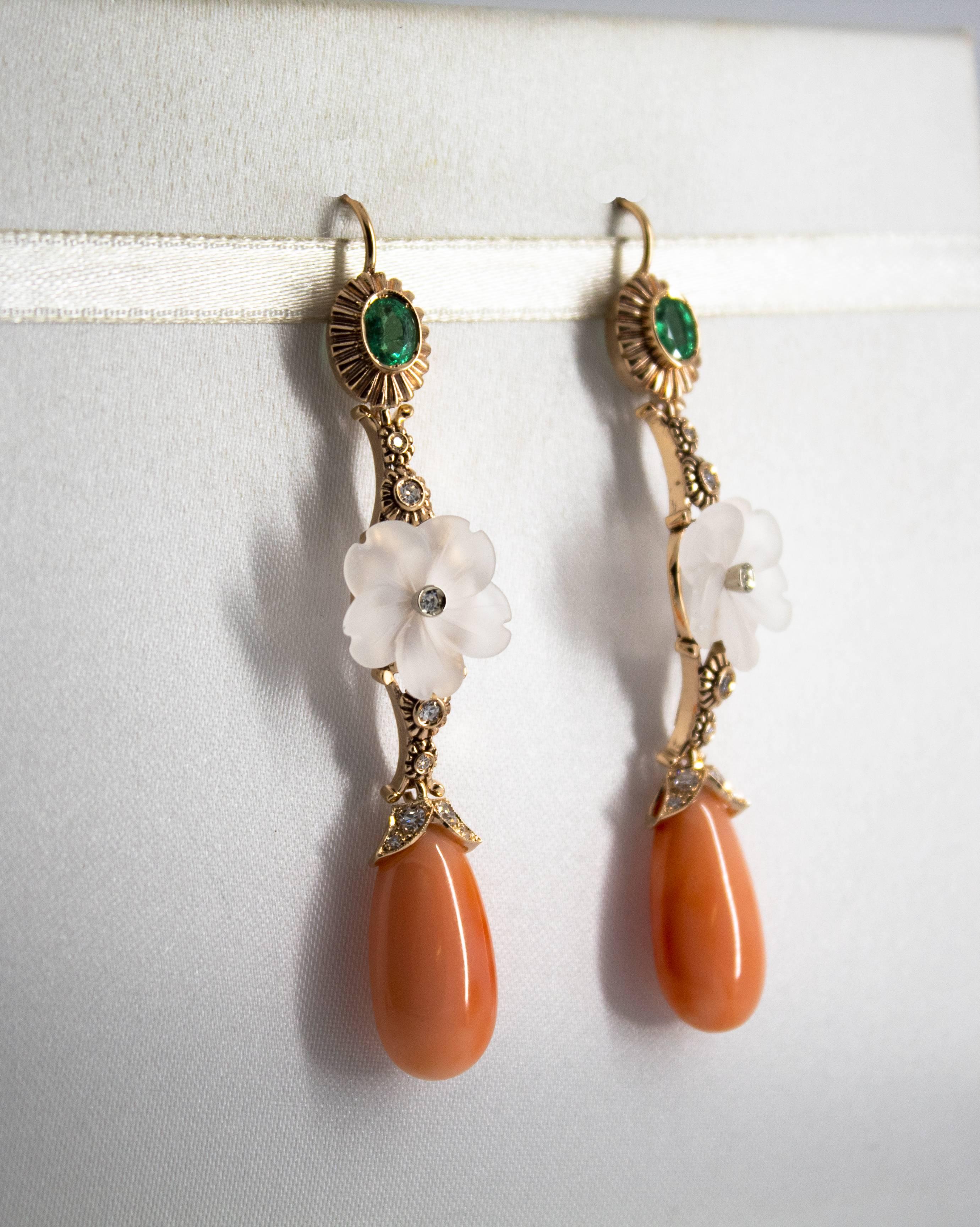 Art Nouveau Style Emerald Coral Rock Crystal White Diamond Yellow Gold Earrings For Sale 1