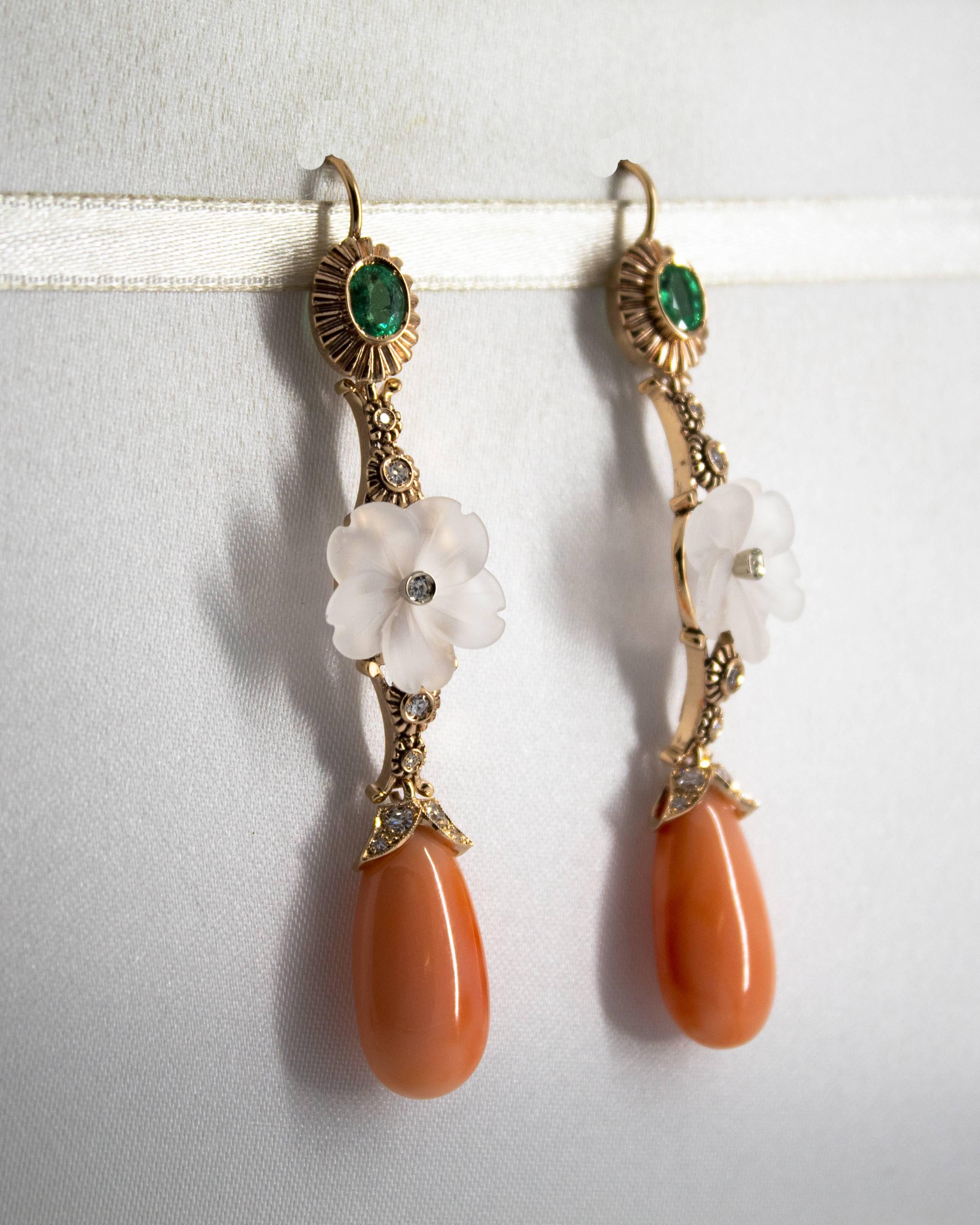 Art Nouveau Style Emerald Coral Rock Crystal White Diamond Yellow Gold Earrings For Sale 2