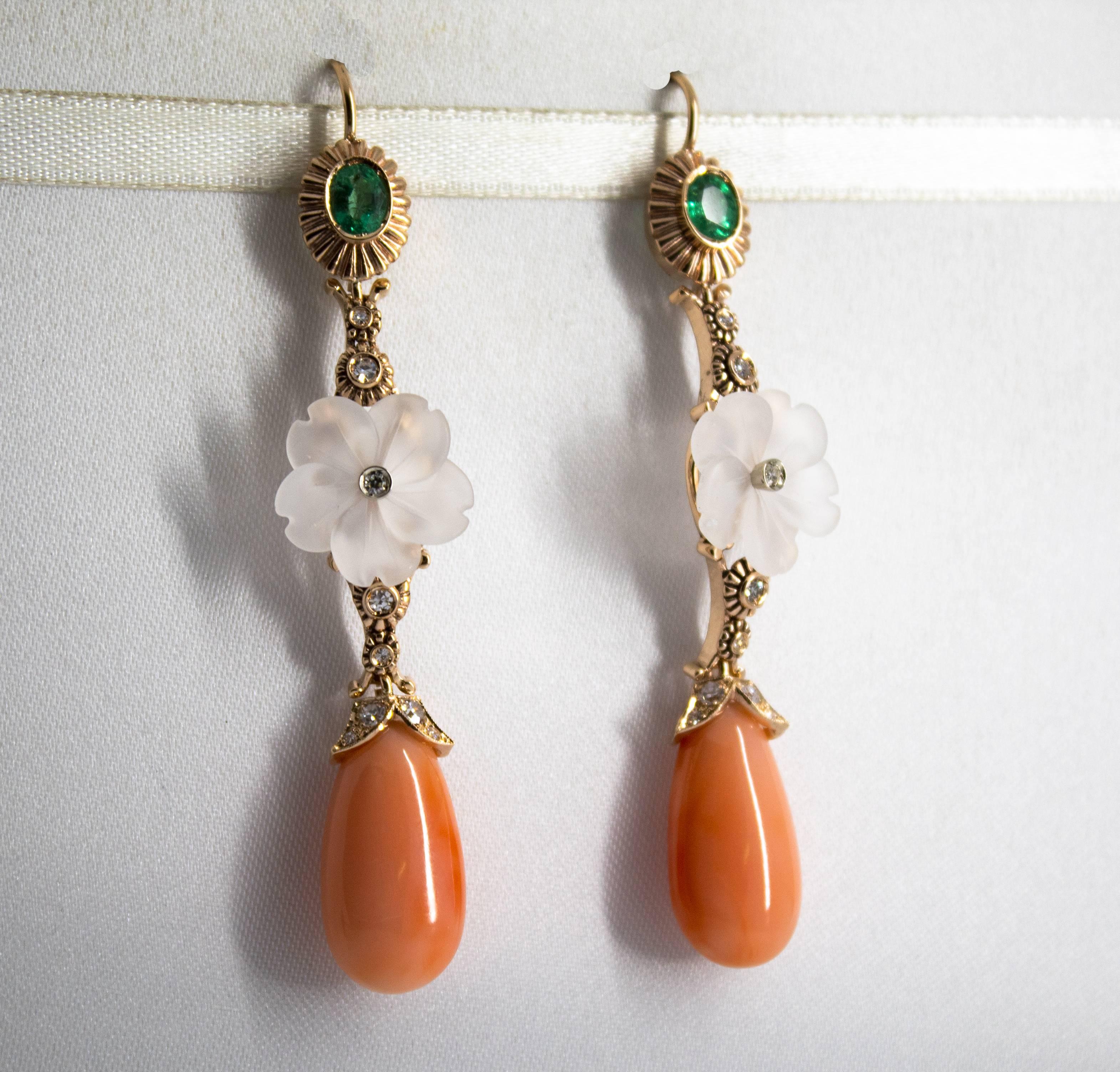 Art Nouveau Style Emerald Coral Rock Crystal White Diamond Yellow Gold Earrings For Sale 3