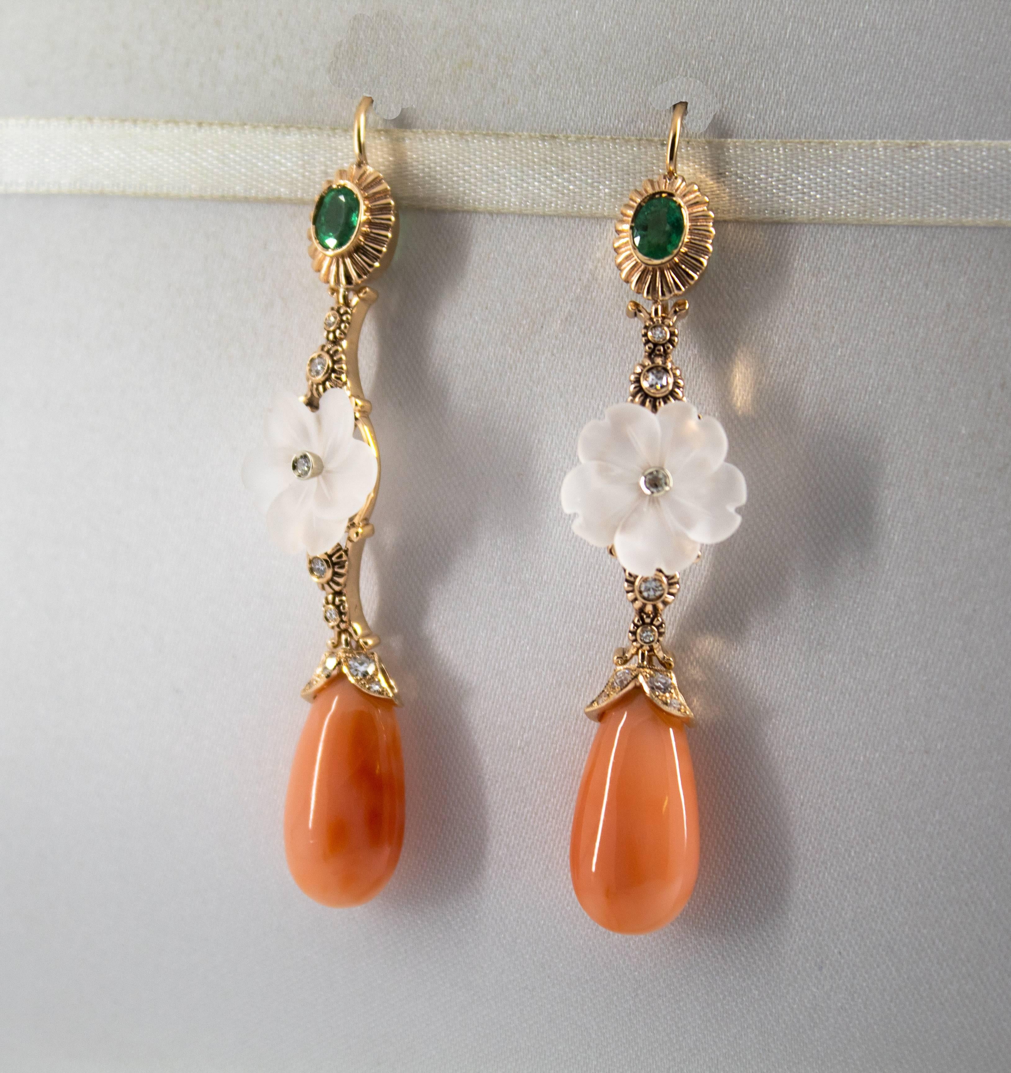 Art Nouveau Style Emerald Coral Rock Crystal White Diamond Yellow Gold Earrings For Sale 4