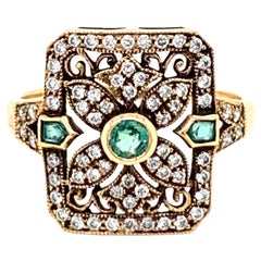 Art Nouveau Style Emerald Diamond Cocktail Ring Estate Fine Jewelry