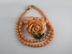 Art Nouveau Style Emerald Diamond Pink Coral Yellow Gold Bee on Flower Necklace
