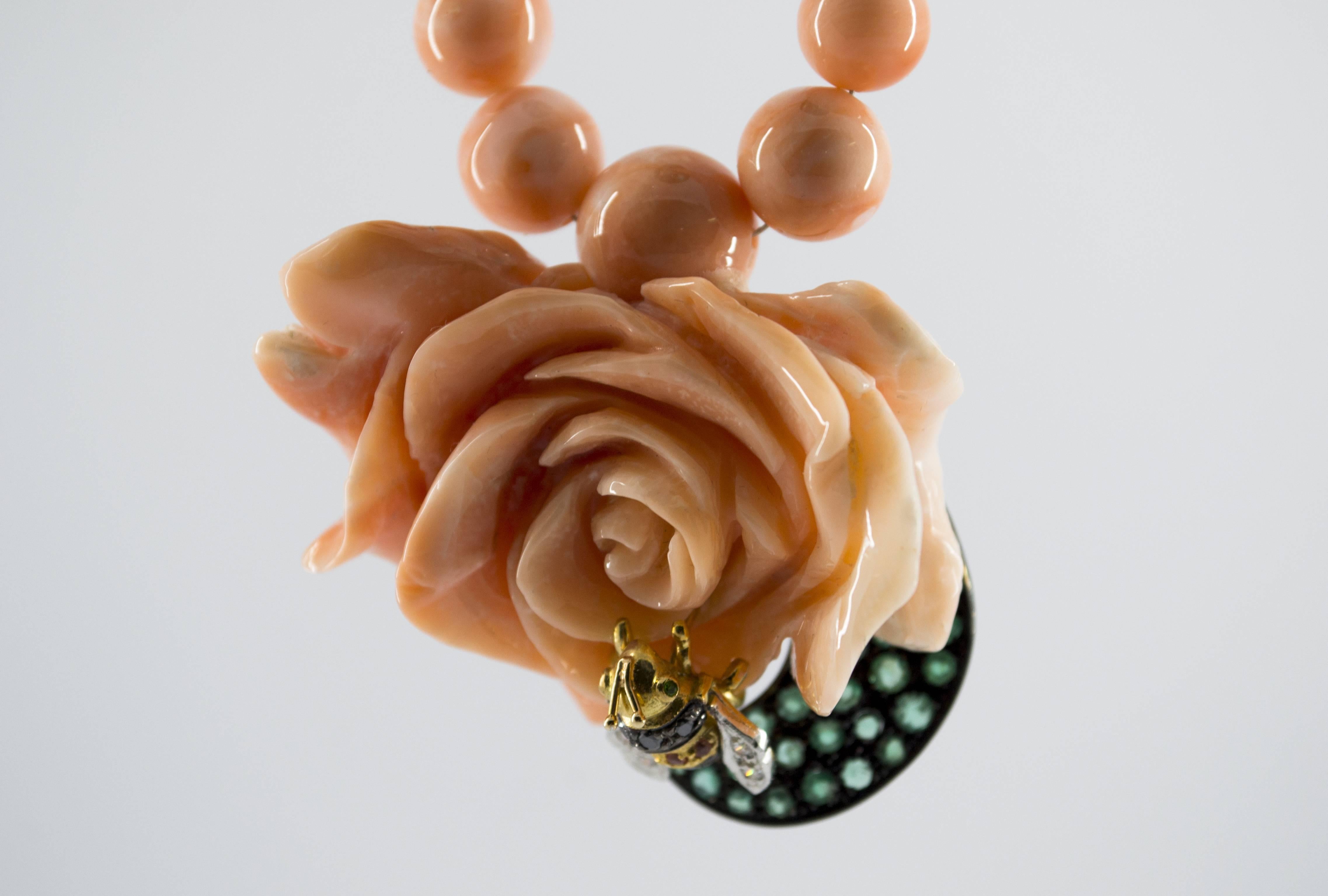 Brilliant Cut Art Nouveau Style Emerald Diamond Pink Coral Yellow Gold Bee on Flower Necklace