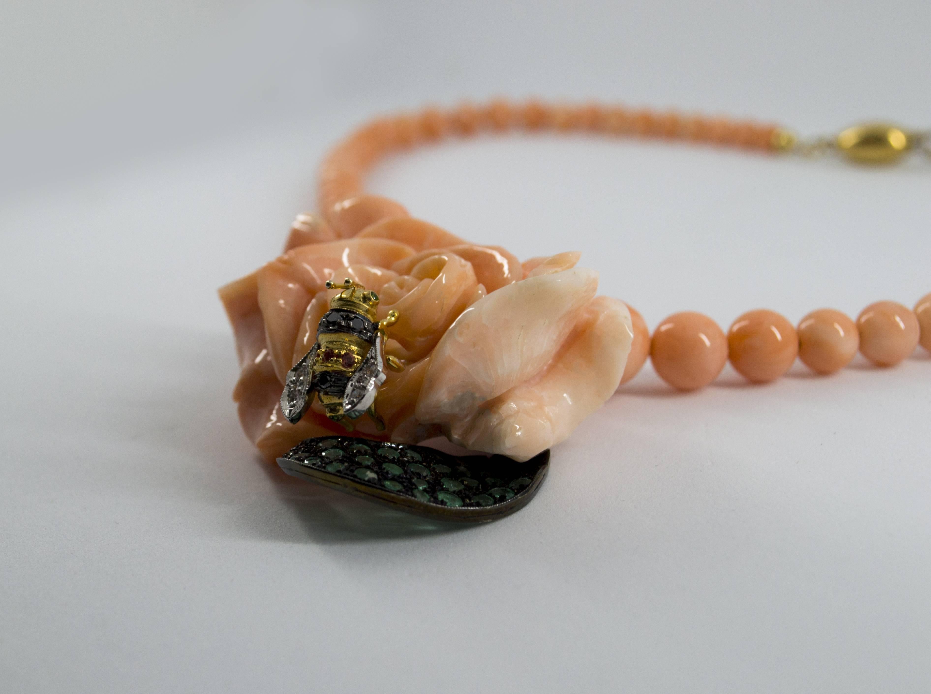 Women's or Men's Art Nouveau Style Emerald Diamond Pink Coral Yellow Gold Bee on Flower Necklace