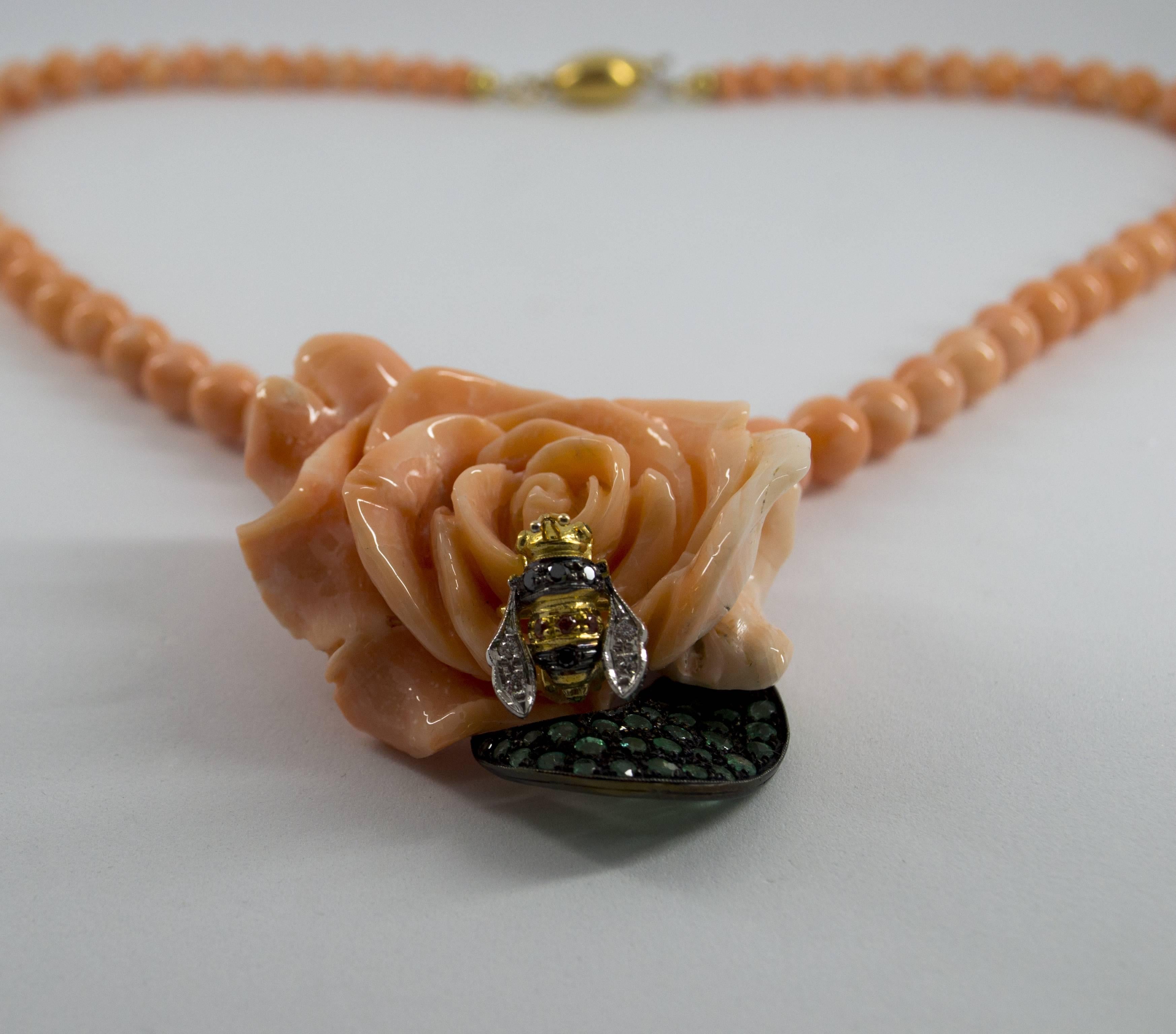 Art Nouveau Style Emerald Diamond Pink Coral Yellow Gold Bee on Flower Necklace 2