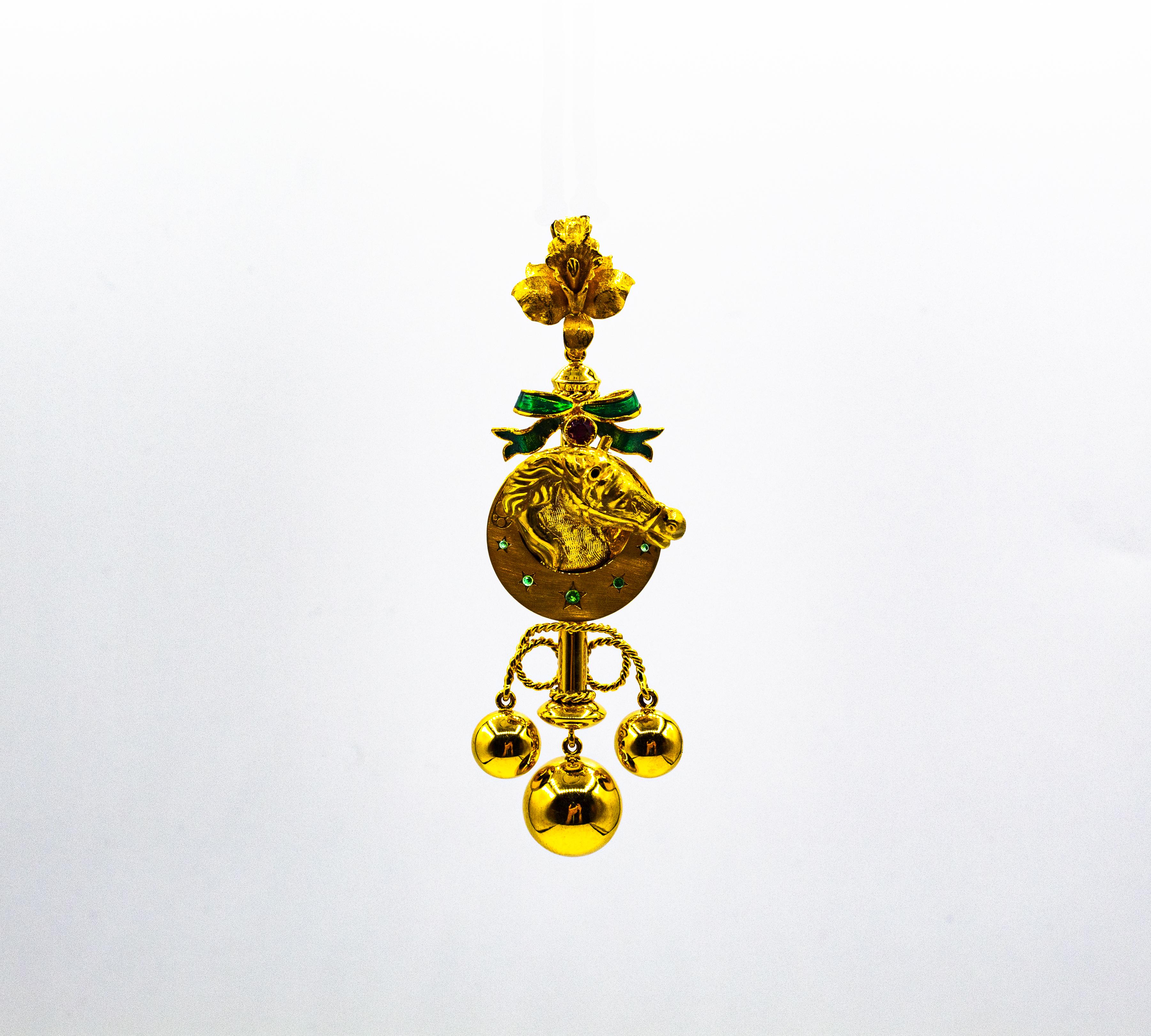 Brilliant Cut Art Nouveau Style Emerald Enamel Yellow Gold 