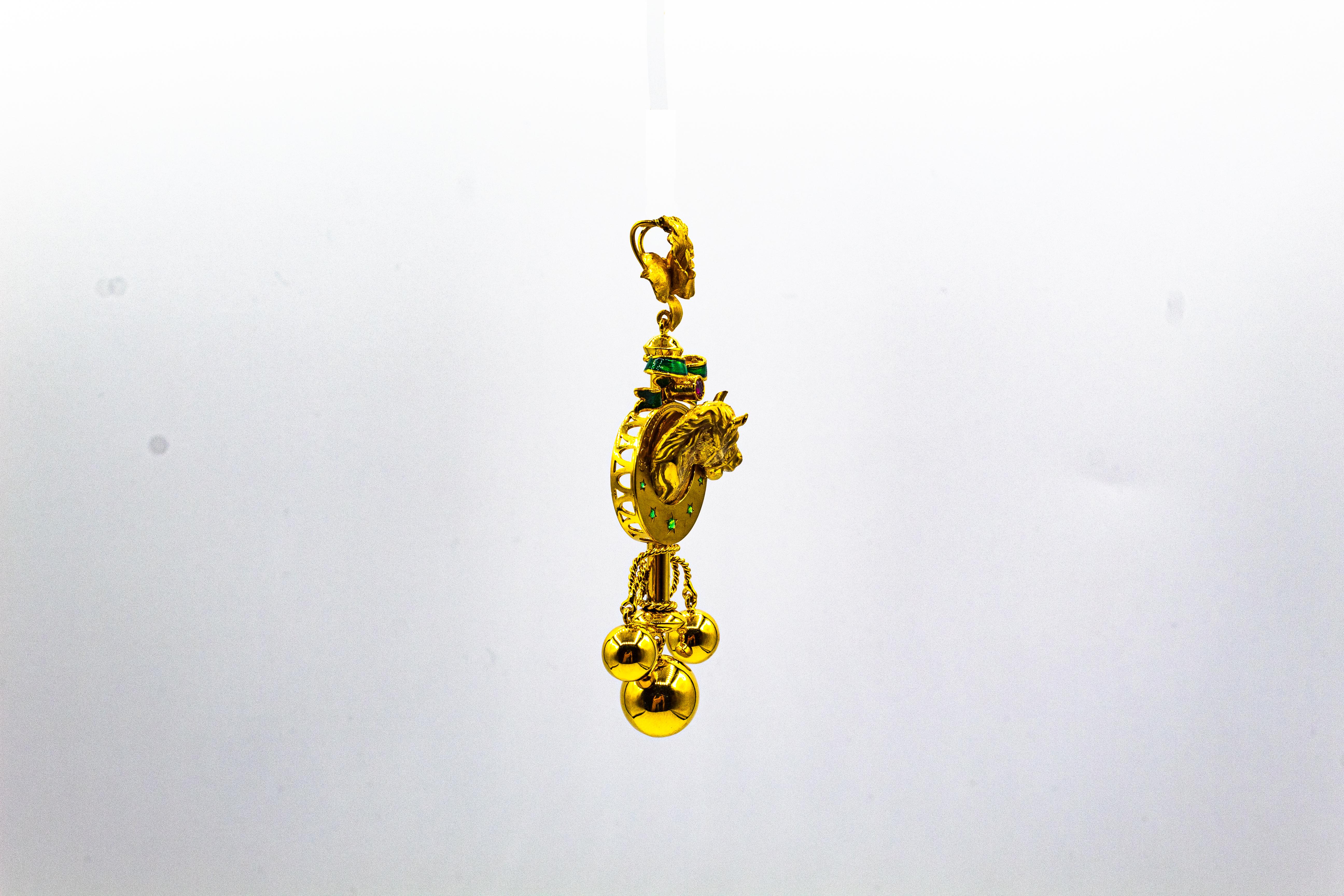 Women's or Men's Art Nouveau Style Emerald Enamel Yellow Gold 