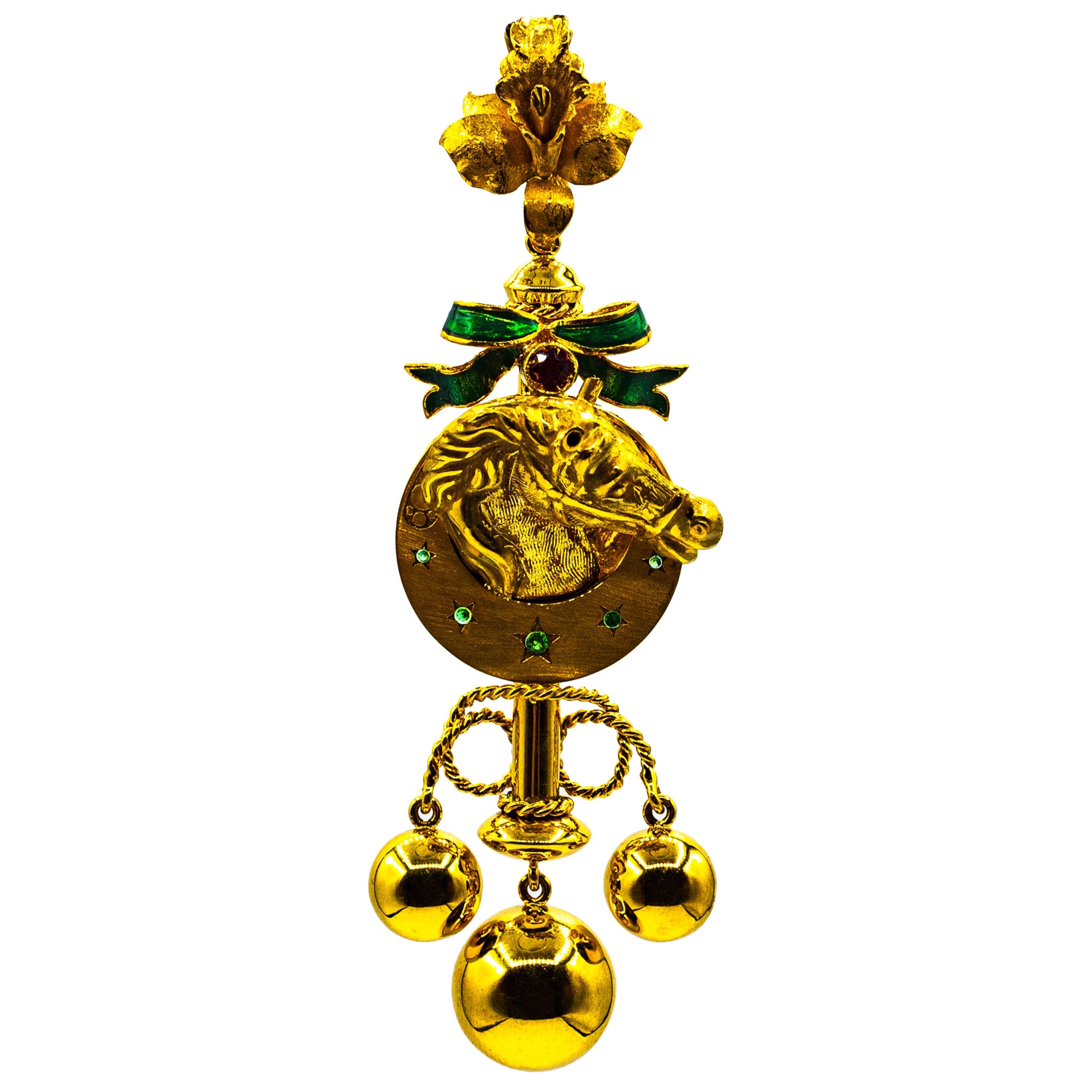 Collar Colgante "Caballo" Estilo Art Nouveau Esmeralda Esmalte Oro Amarillo