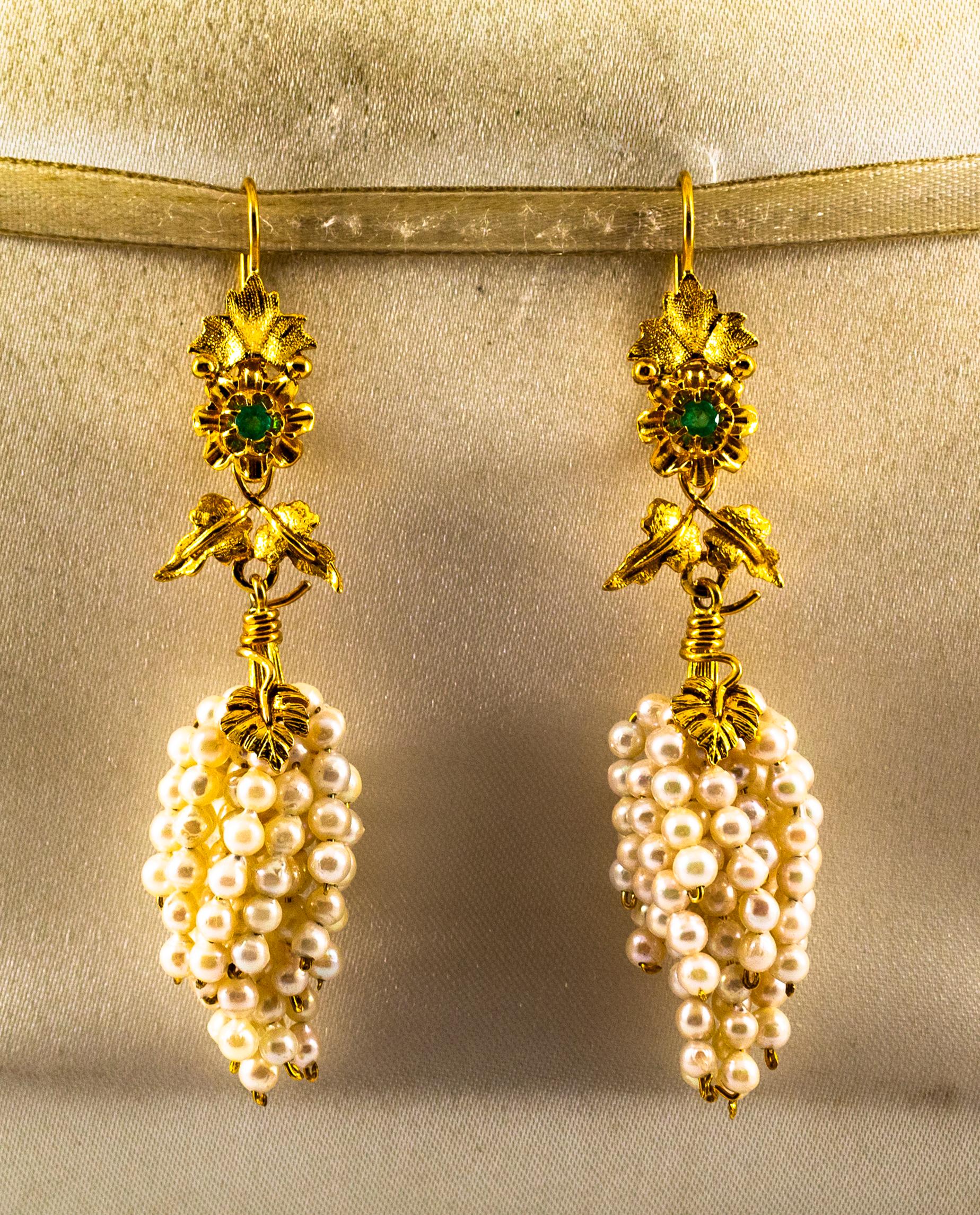 These Earrings are made of 9K Yellow Gold.
These Earrings have 0.12 Carat of Emeralds.
These Earrings have also Pearls.

All our Earrings have pins for pierced ears but we can change the closure and make any of our Earrings suitable even for