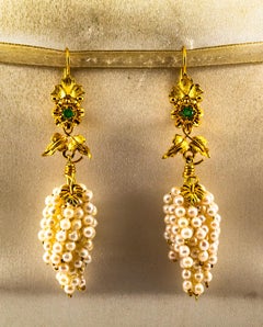 Art Nouveau Style Emerald Pearl Yellow Gold Lever-Back "Cluster" Drop Earrings
