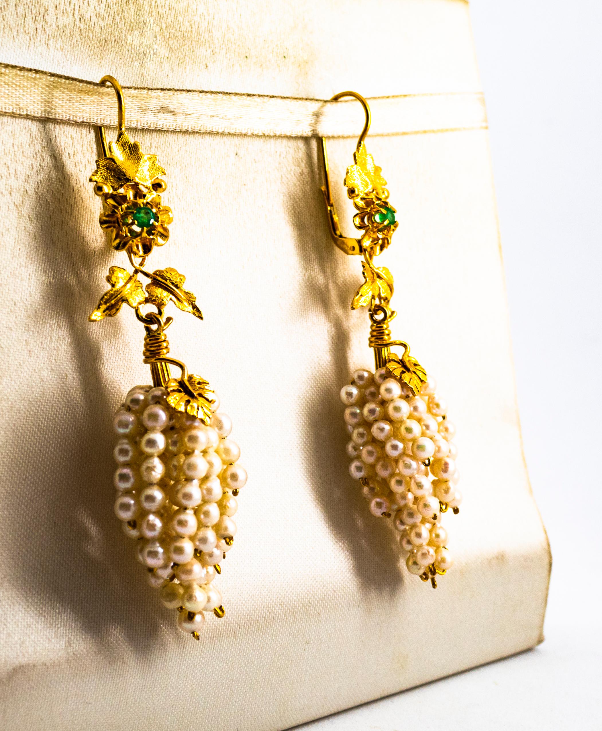 Brilliant Cut Art Nouveau Style Emerald Pearl Yellow Gold Lever-Back 