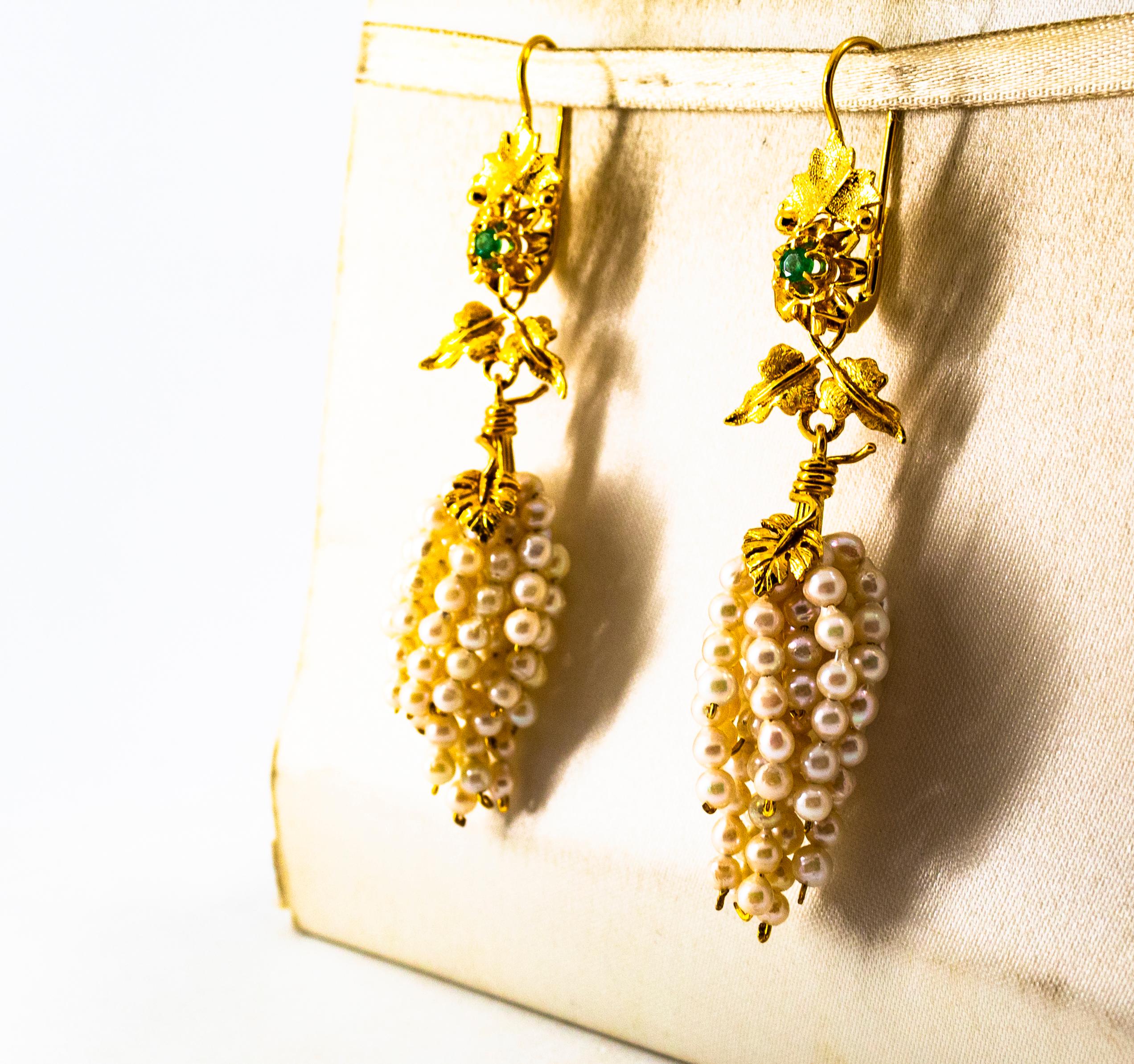 Jugendstil Smaragd-Perlen-Gelbgold-Tropfen-Ohrringe mit Klappbrisur für Damen oder Herren im Angebot