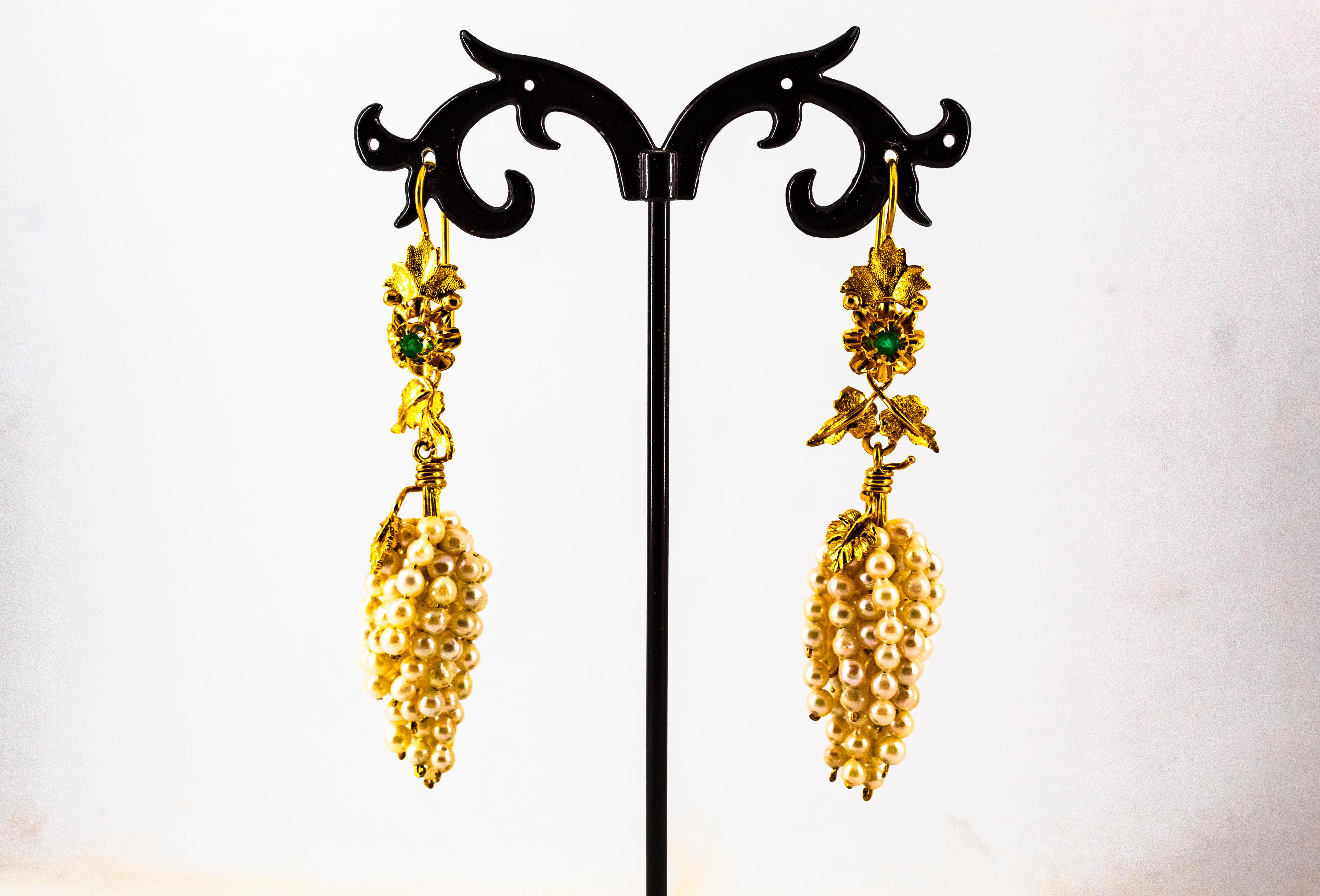 Jugendstil Smaragd-Perlen-Gelbgold-Tropfen-Ohrringe mit Klappbrisur im Angebot 2