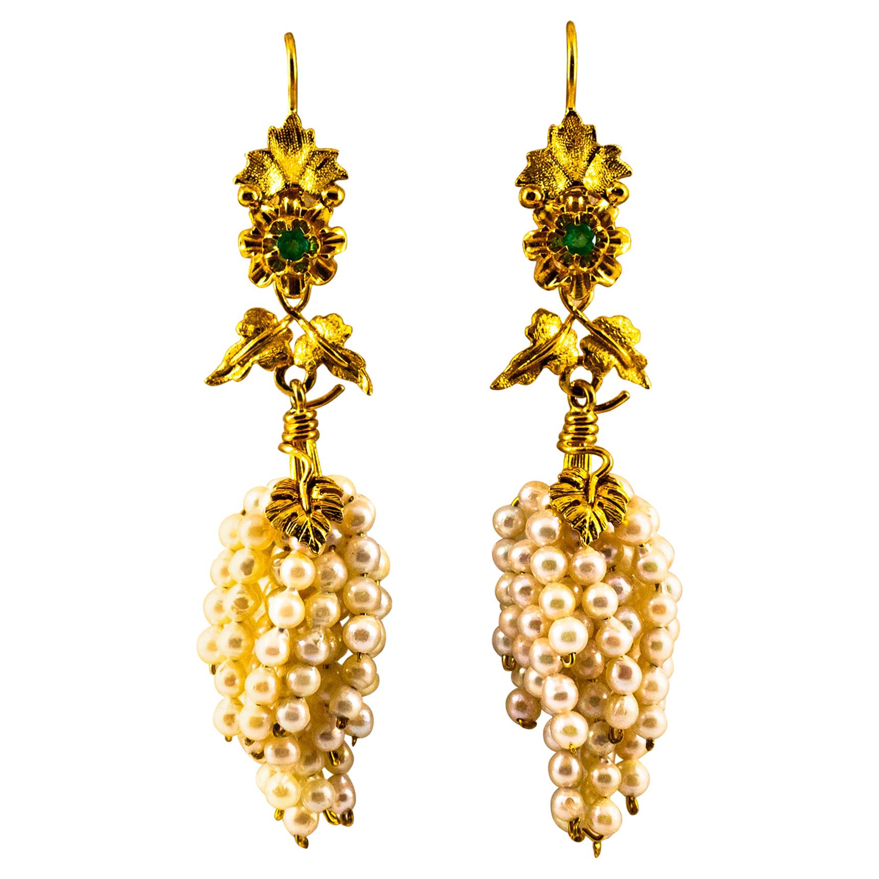 Art Nouveau Style Emerald Pearl Yellow Gold Lever-Back "Cluster" Drop Earrings