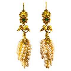 Art Nouveau Style Emerald Pearl Yellow Gold Lever-Back "Cluster" Drop Earrings