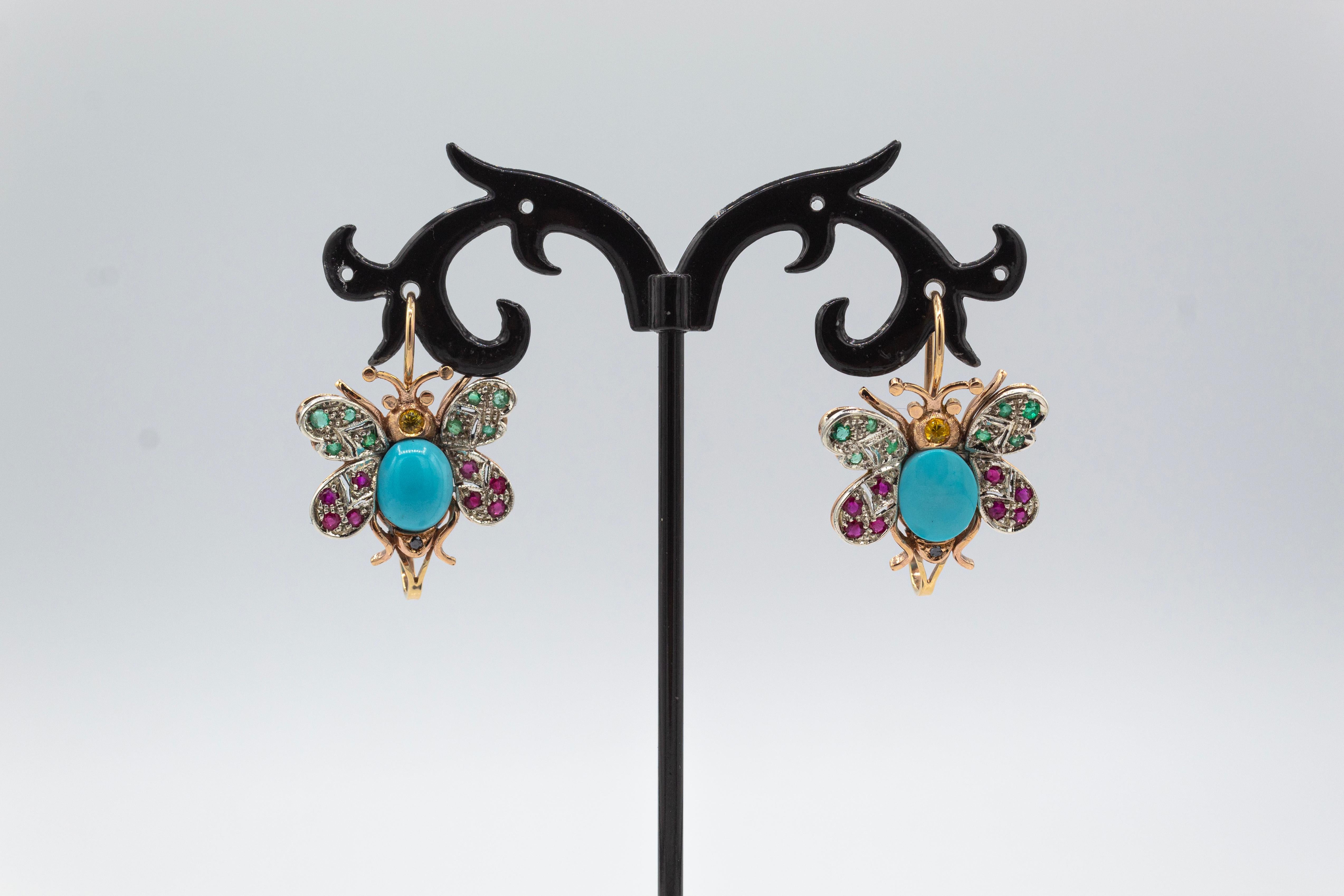 Round Cut Art Nouveau Style Emerald Ruby Sapphire Turquoise Yellow Gold Butterfly Earrings For Sale
