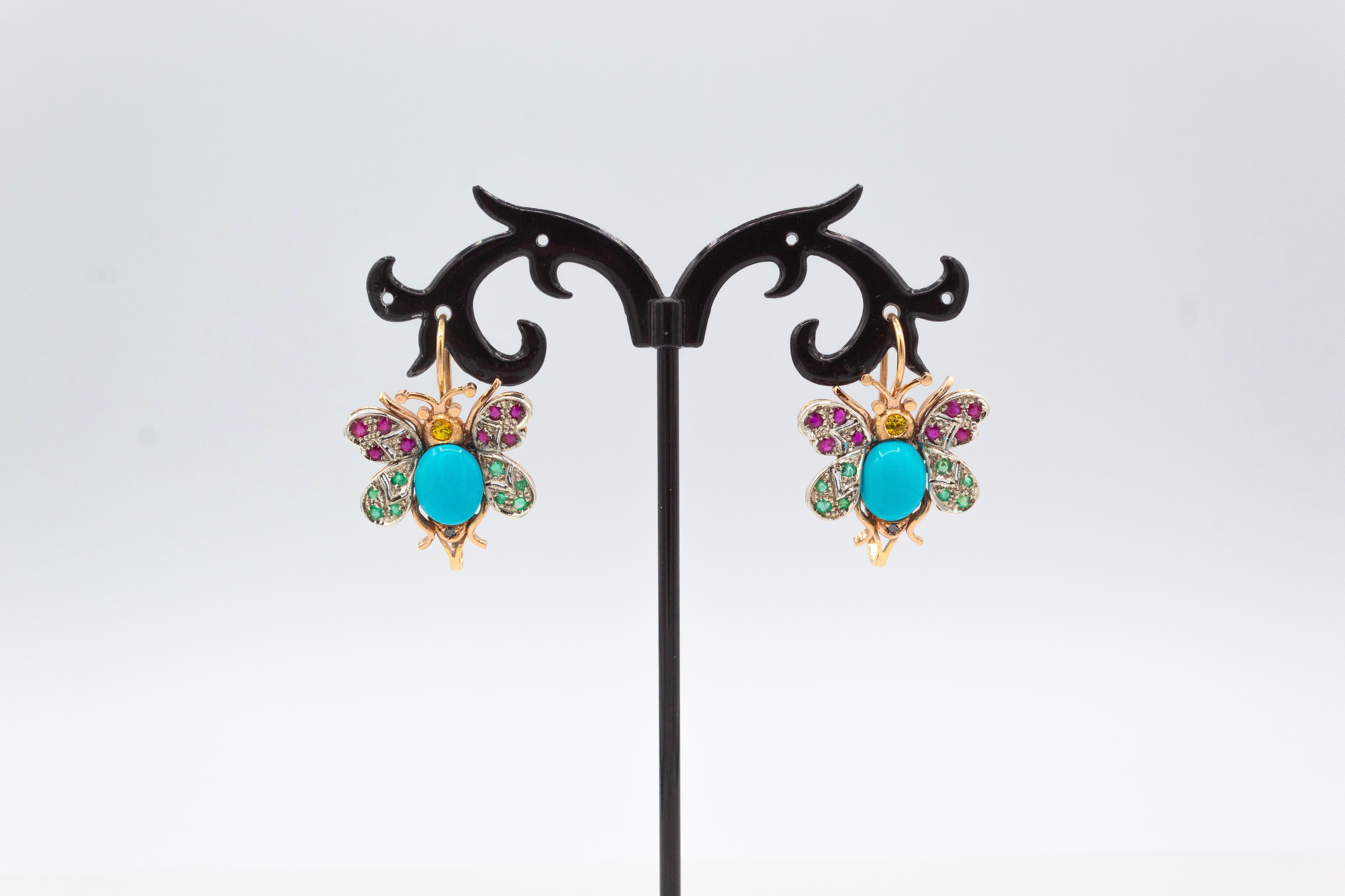 Round Cut Art Nouveau Style Emerald Ruby Sapphire Turquoise Yellow Gold Butterfly Earrings For Sale