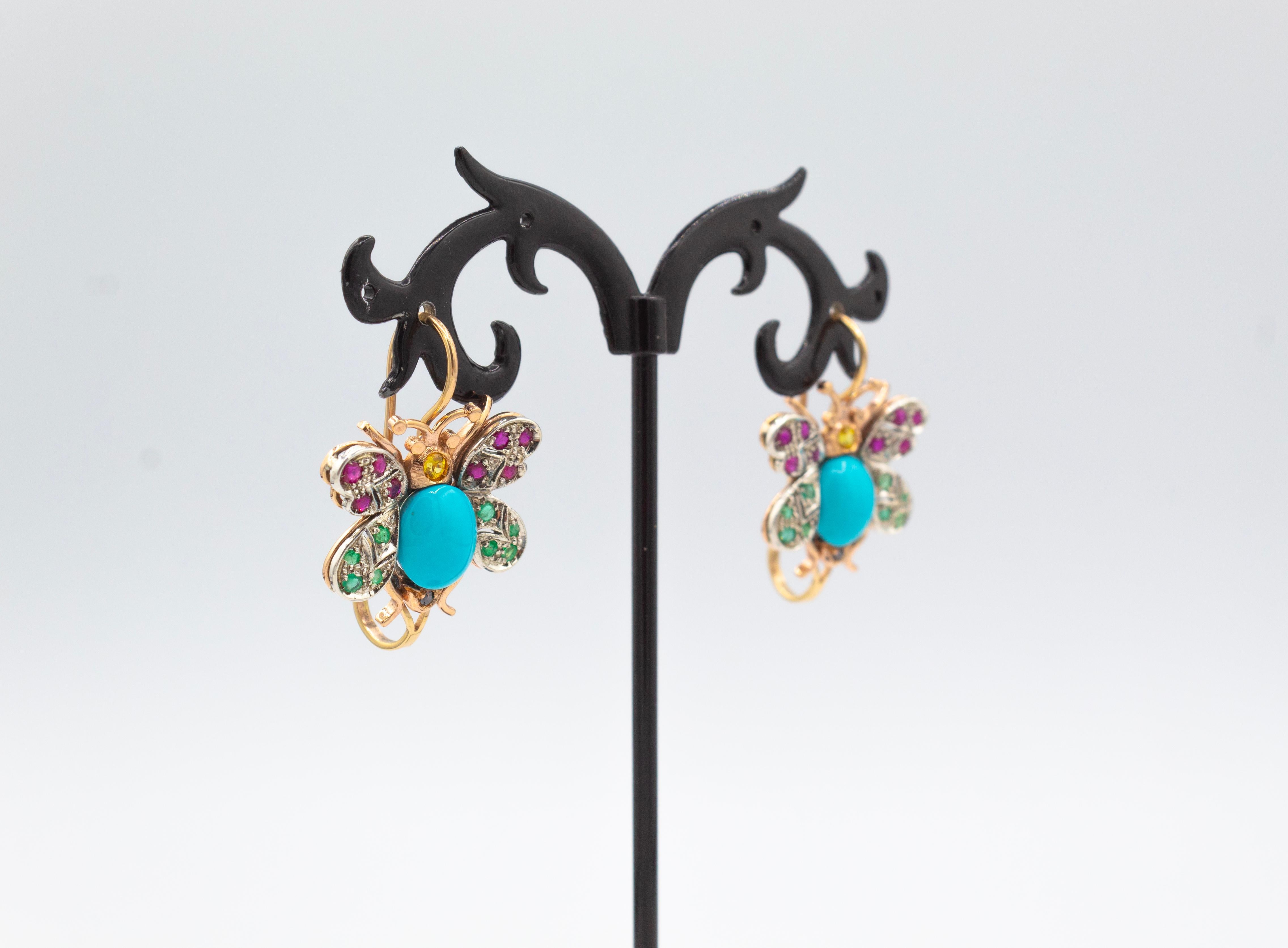 Art Nouveau Style Emerald Ruby Sapphire Turquoise Yellow Gold Butterfly Earrings In New Condition For Sale In Naples, IT