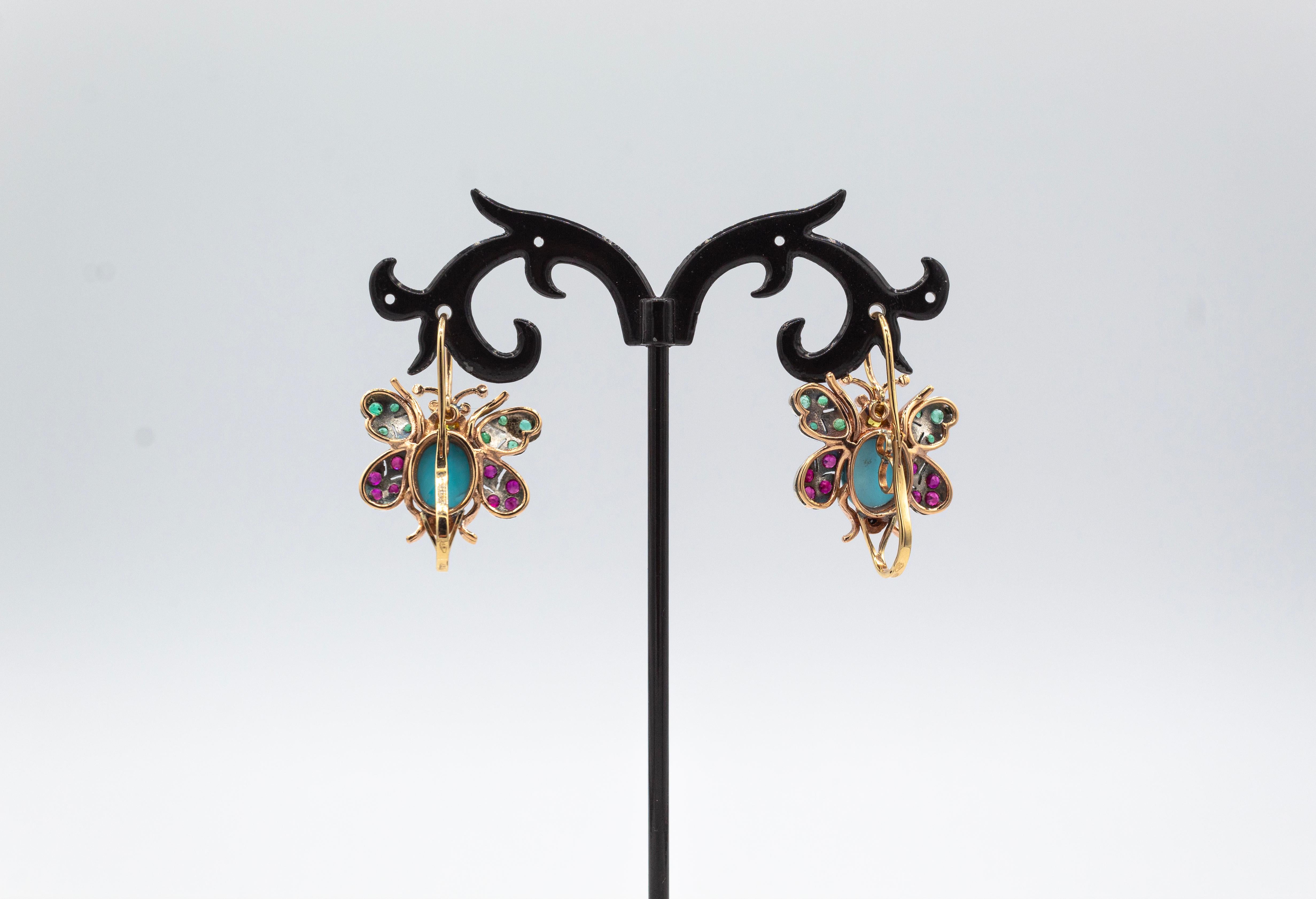 Women's or Men's Art Nouveau Style Emerald Ruby Sapphire Turquoise Yellow Gold Butterfly Earrings For Sale