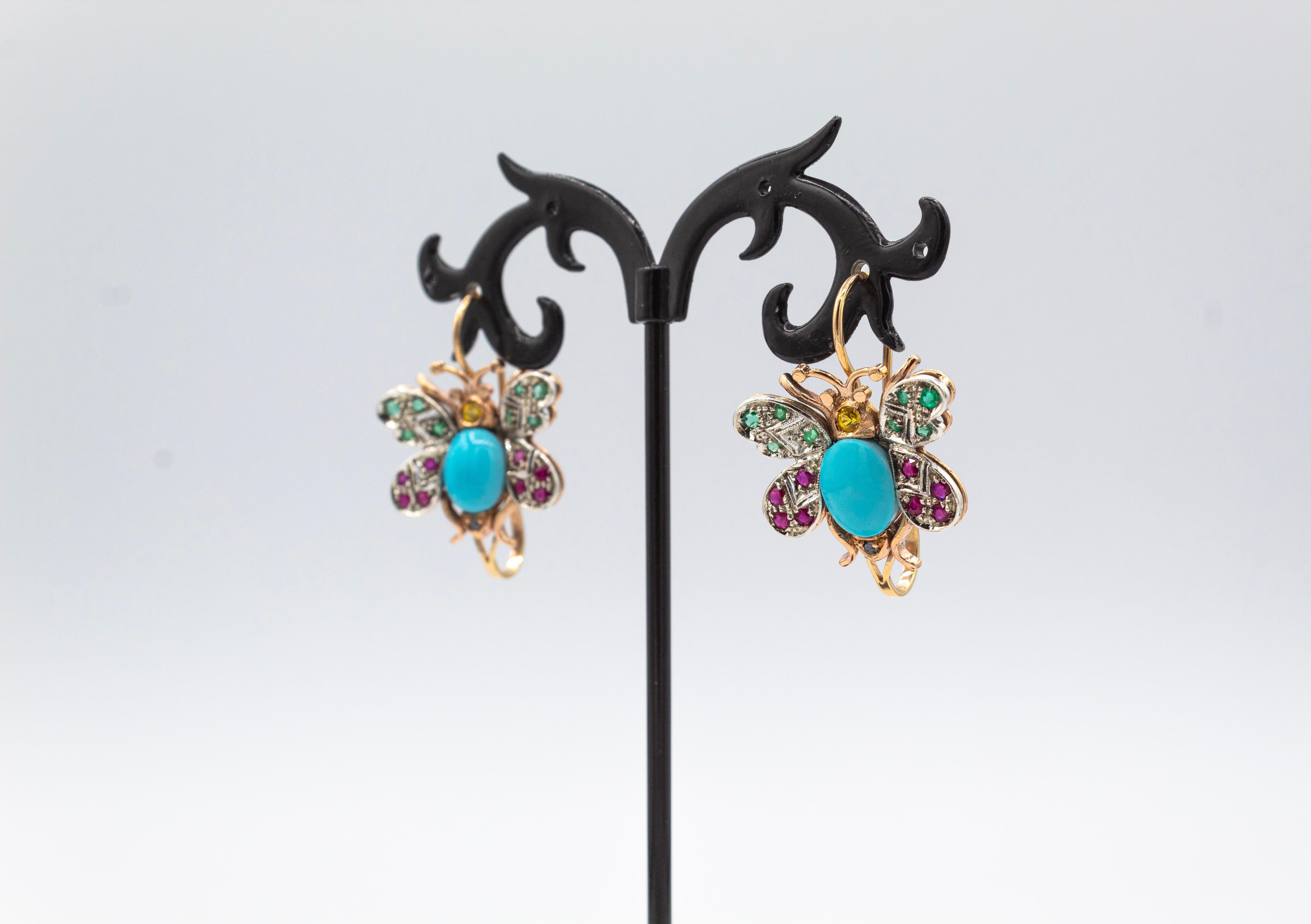 Art Nouveau Style Emerald Ruby Sapphire Turquoise Yellow Gold Butterfly Earrings For Sale 1