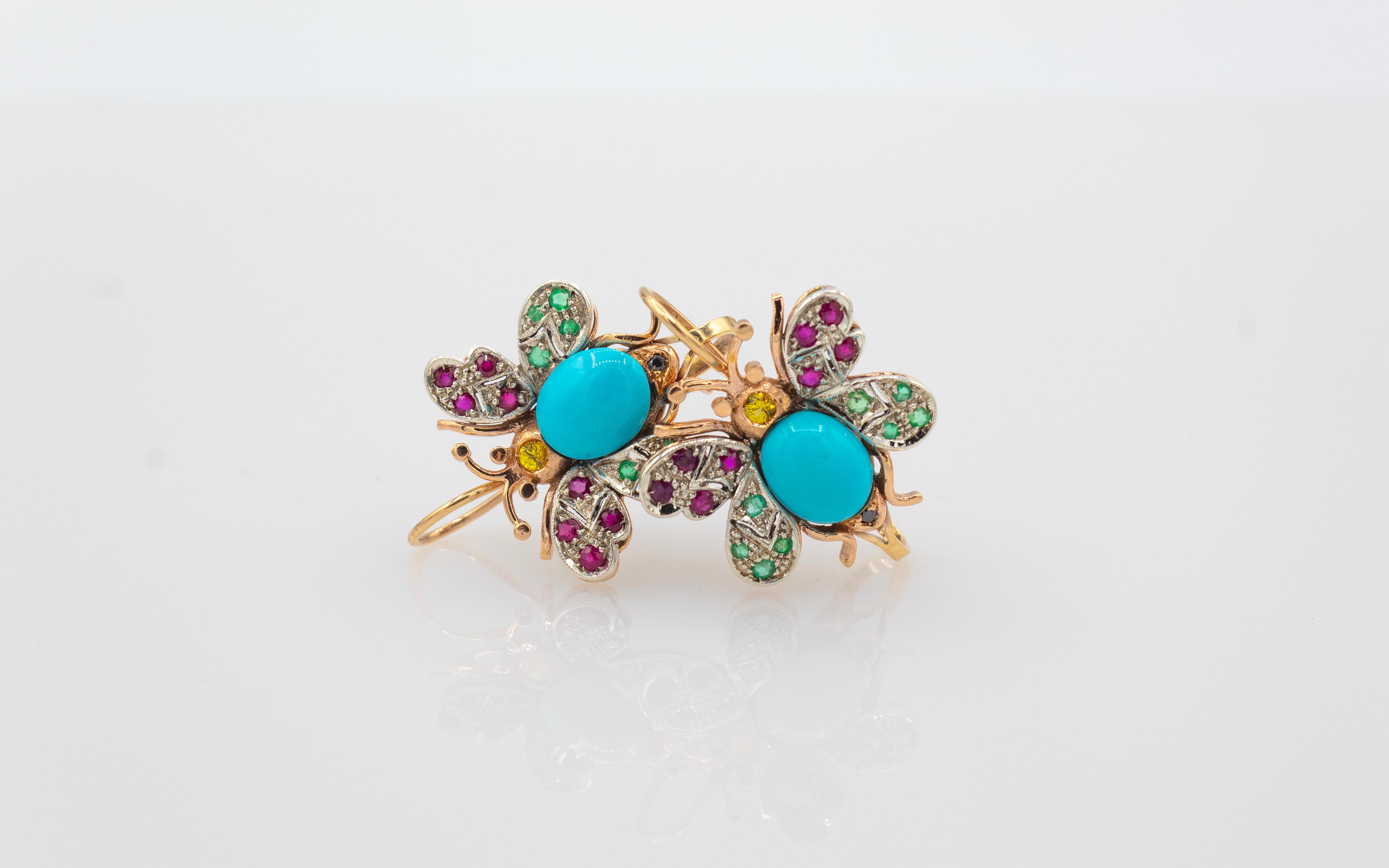 Art Nouveau Style Emerald Ruby Sapphire Turquoise Yellow Gold Butterfly Earrings For Sale 2