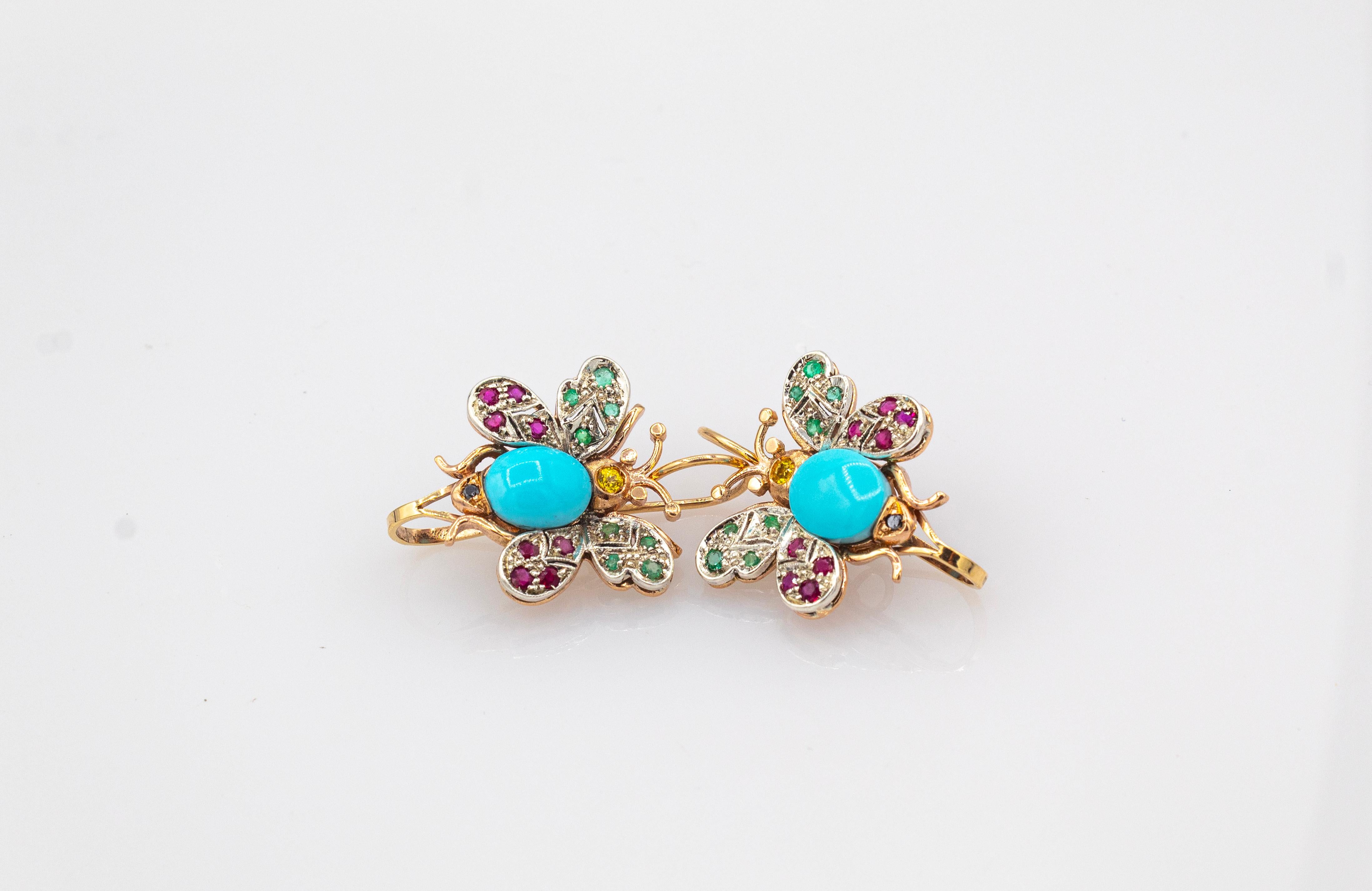 Orecchini a farfalla in oro giallo in stile Art Nouveau con smeraldo, rubino, zaffiro e turchese in vendita 2