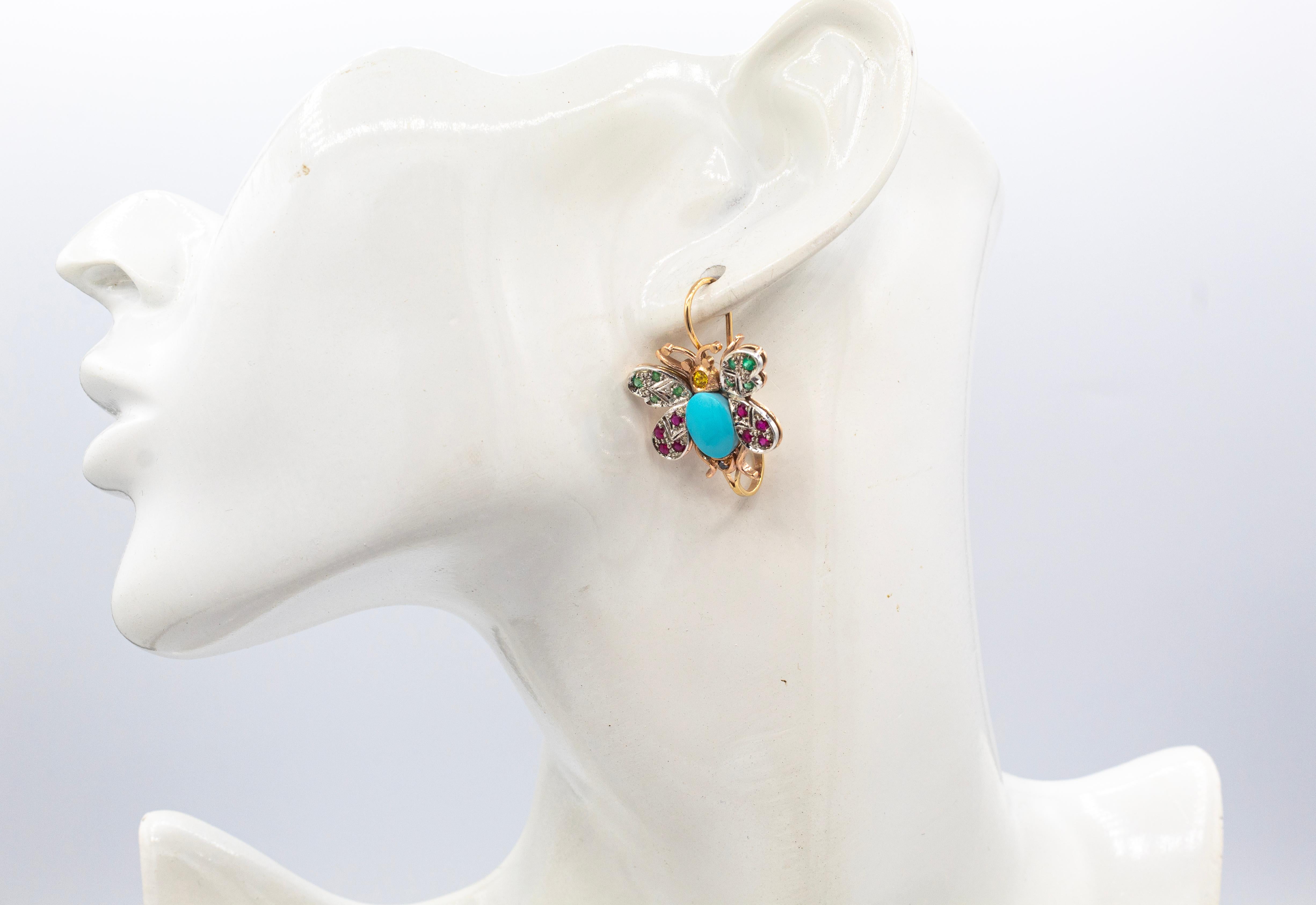 Art Nouveau Style Emerald Ruby Sapphire Turquoise Yellow Gold Butterfly Earrings For Sale 3