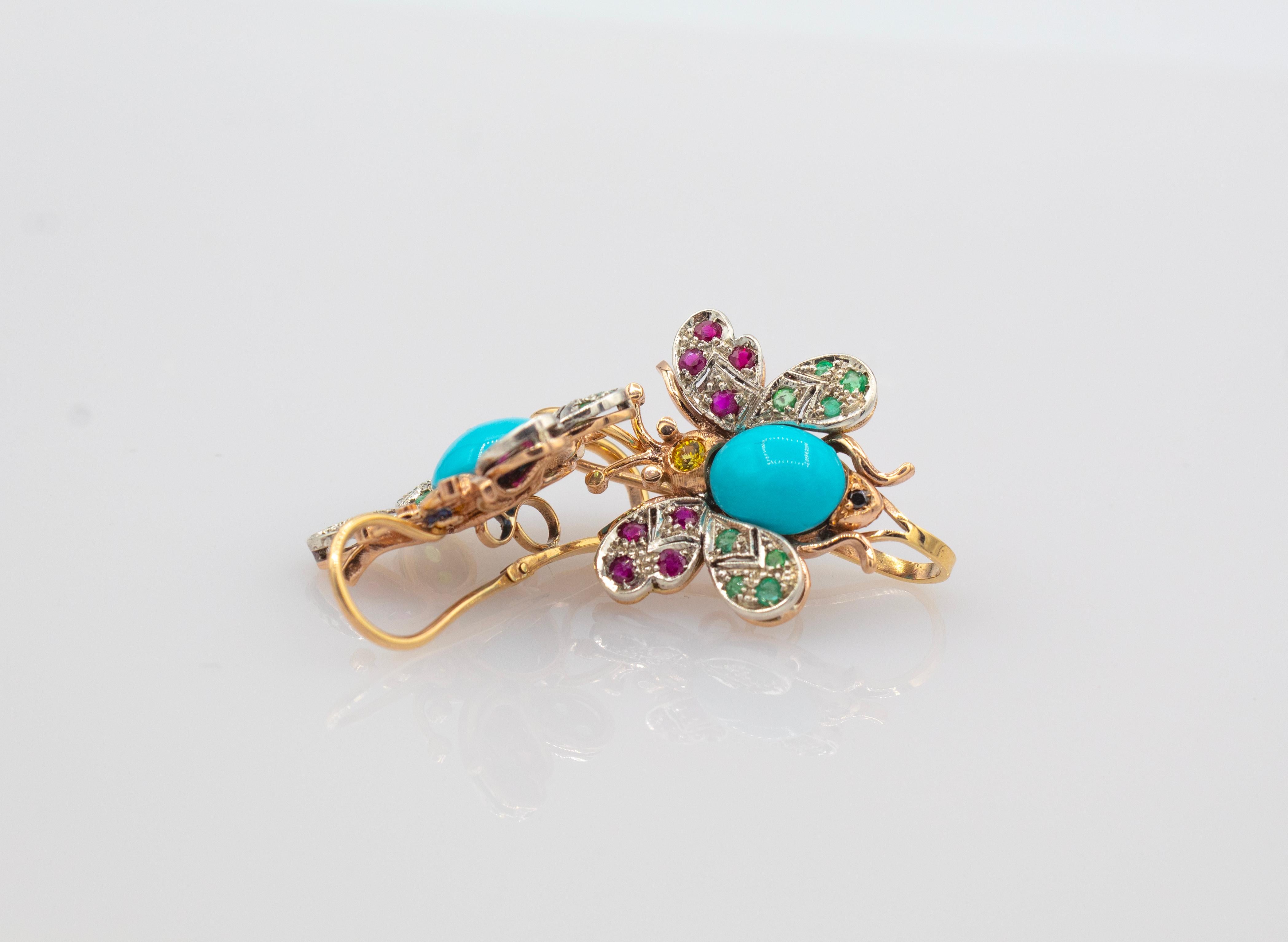 Boucles d'oreilles papillon de style Art nouveau en or jaune, émeraude, rubis, saphir, turquoise en vente 3