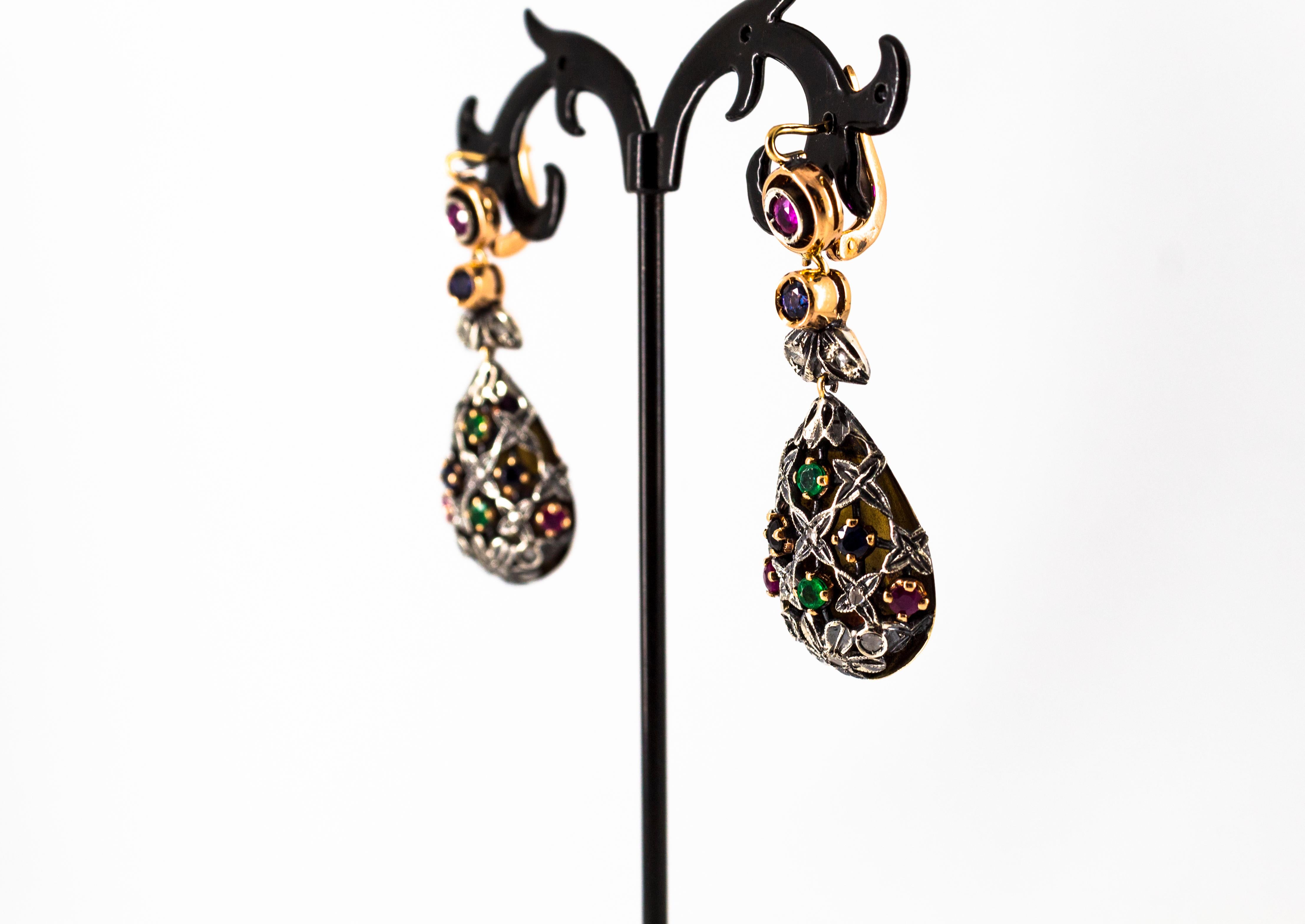 Art Nouveau Style Emerald Ruby Sapphire White Diamond Yellow Gold Drop Earrings For Sale 5