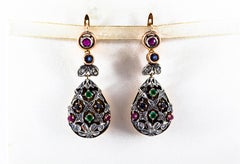 Art Nouveau Style Emerald Ruby Sapphire White Diamond Yellow Gold Drop Earrings