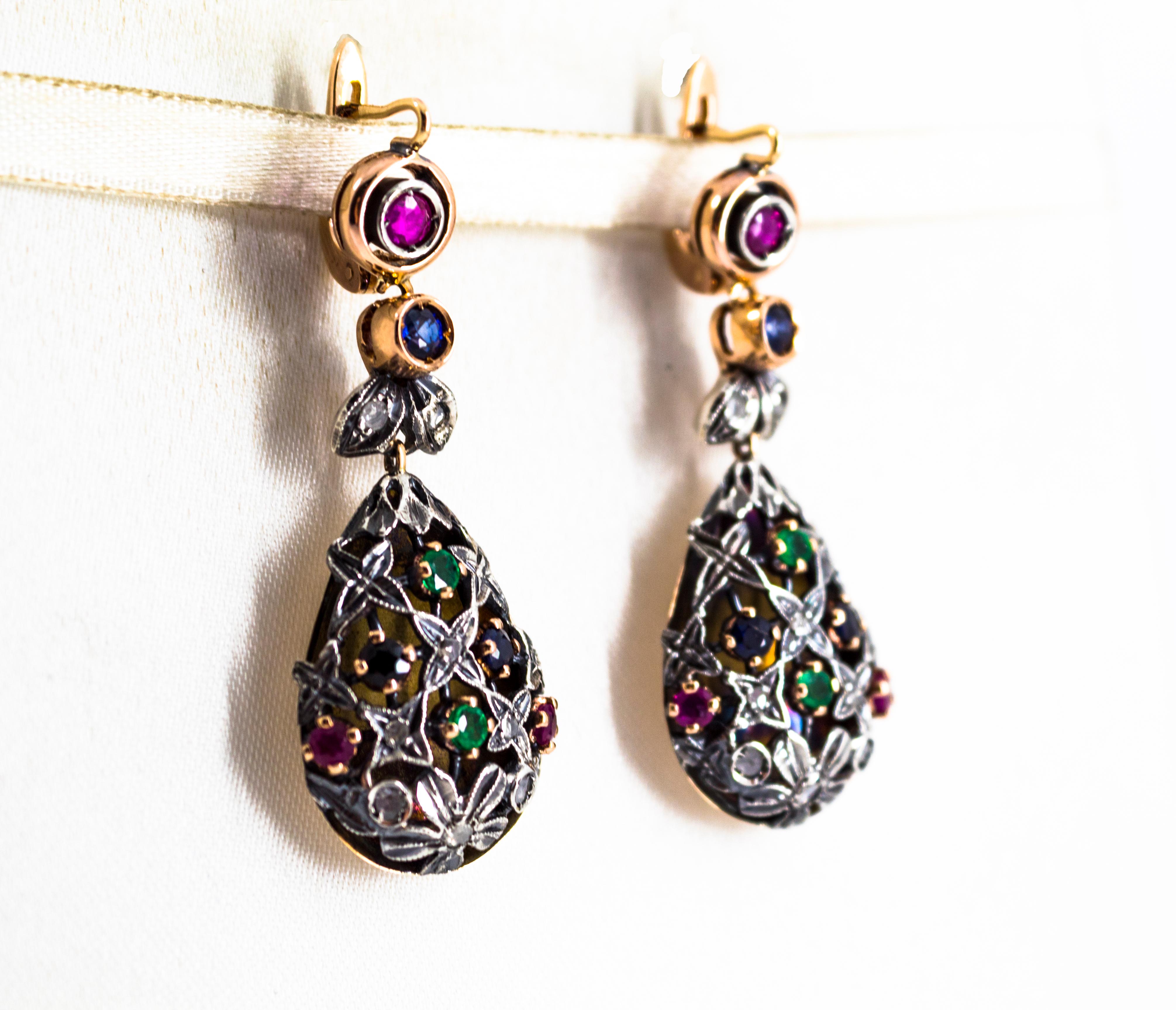 Rose Cut Art Nouveau Style Emerald Ruby Sapphire White Diamond Yellow Gold Drop Earrings For Sale